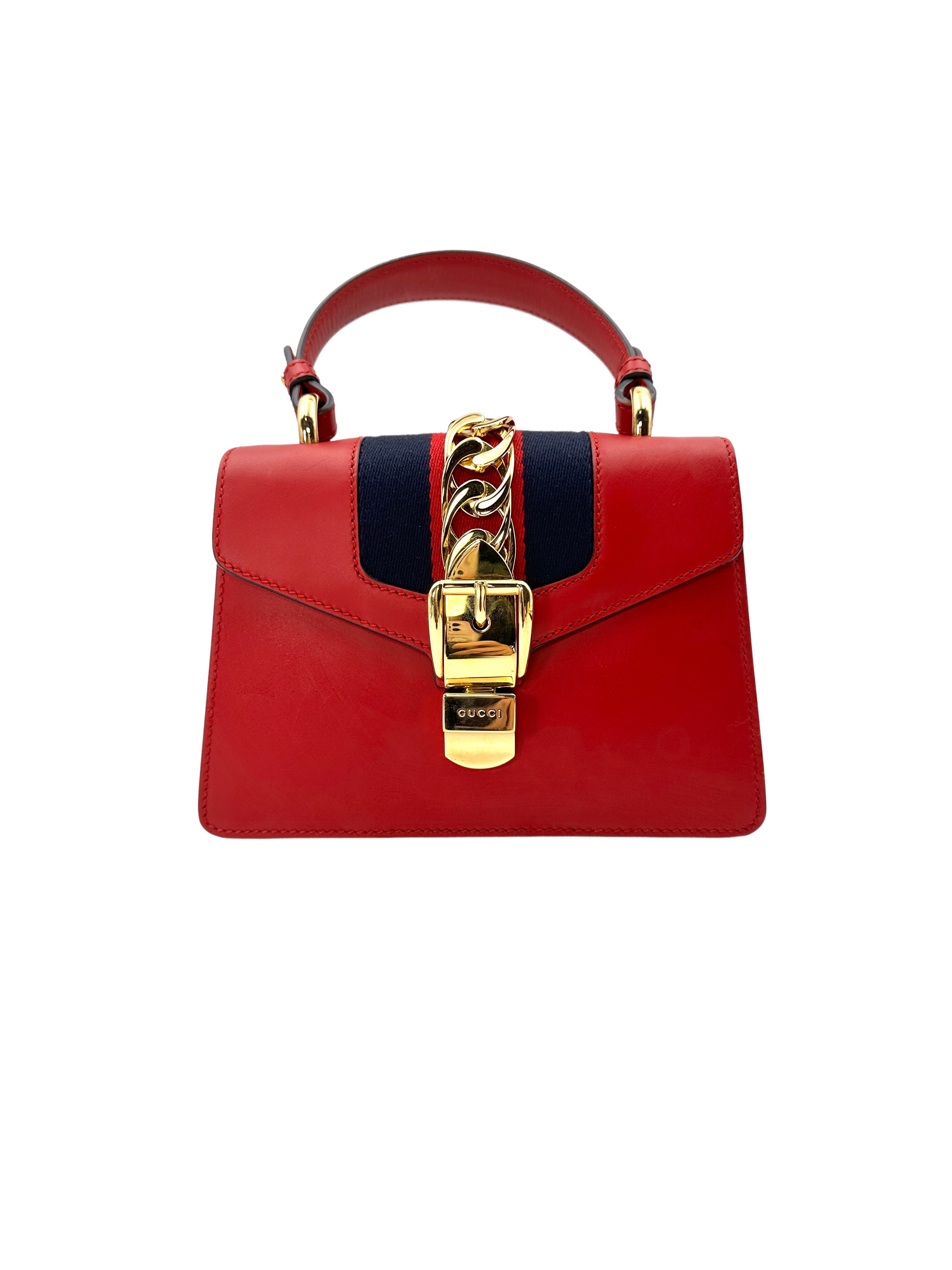 Gucci Sylvie Hibiscus Red Leather Small Size Top Handle Bag GG627