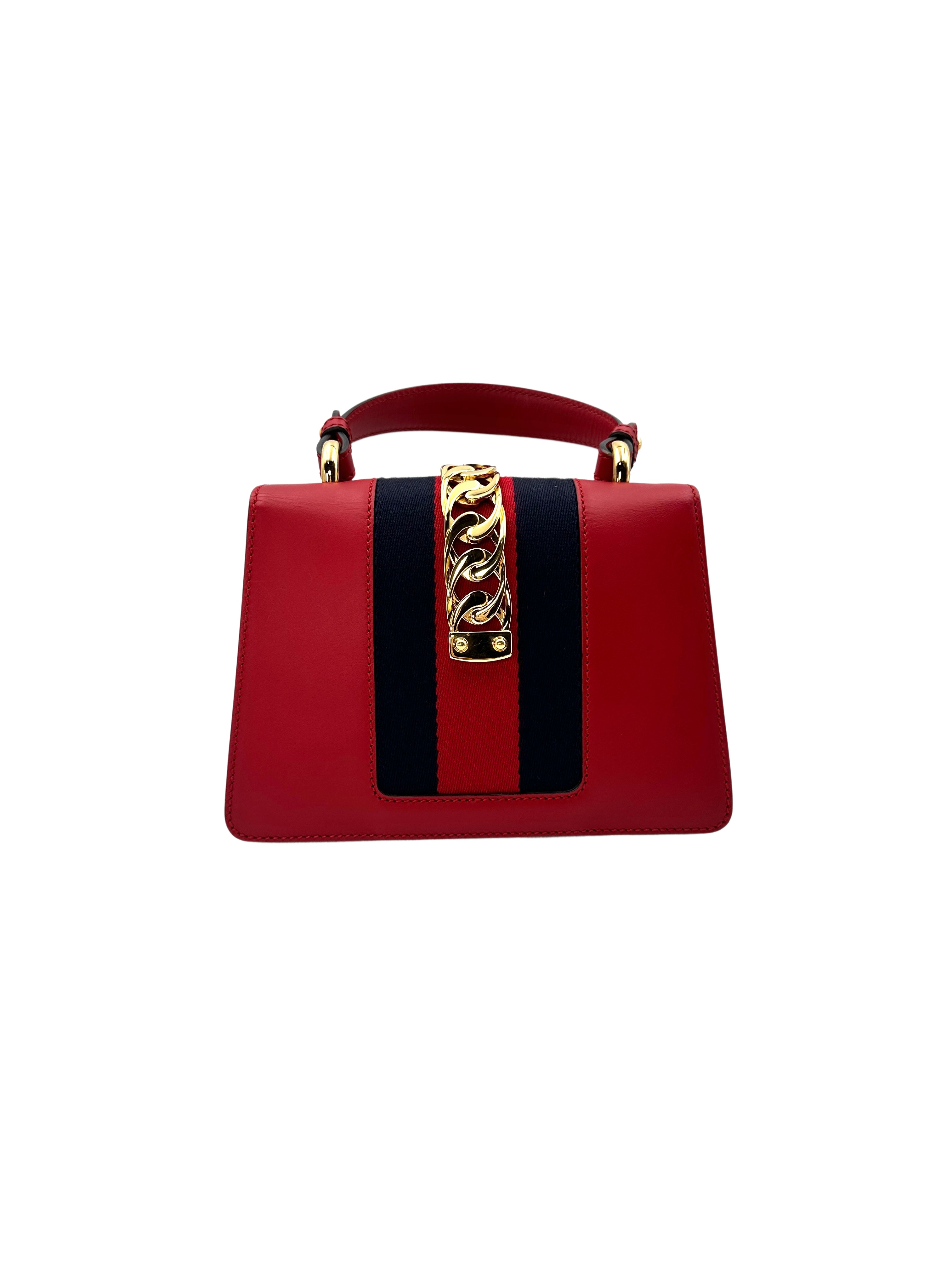Gucci Sylvie Hibiscus Red Leather Small Size Top Handle Bag GG627