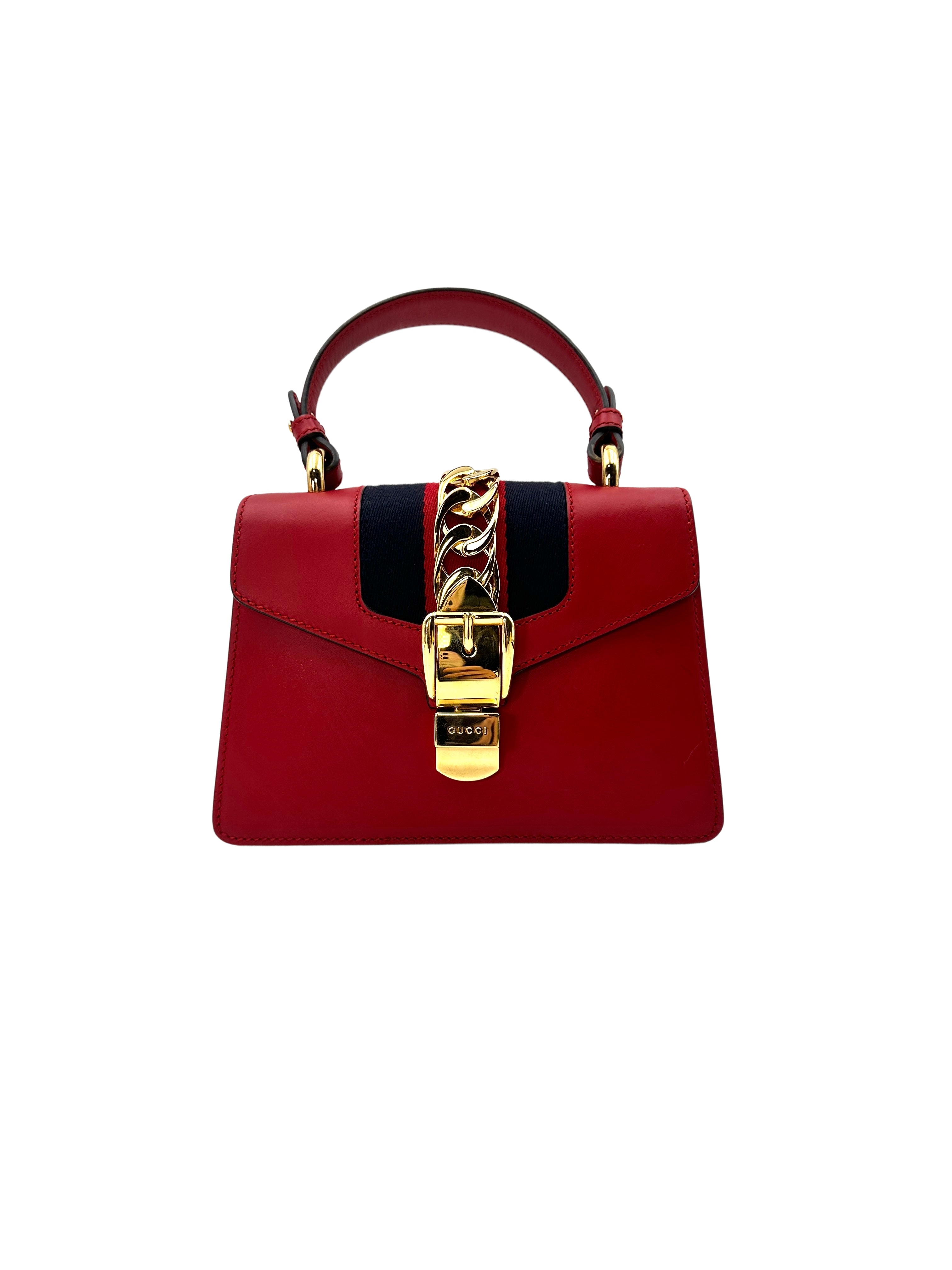 Gucci Sylvie Hibiscus Red Leather Small Size Top Handle Bag GG627