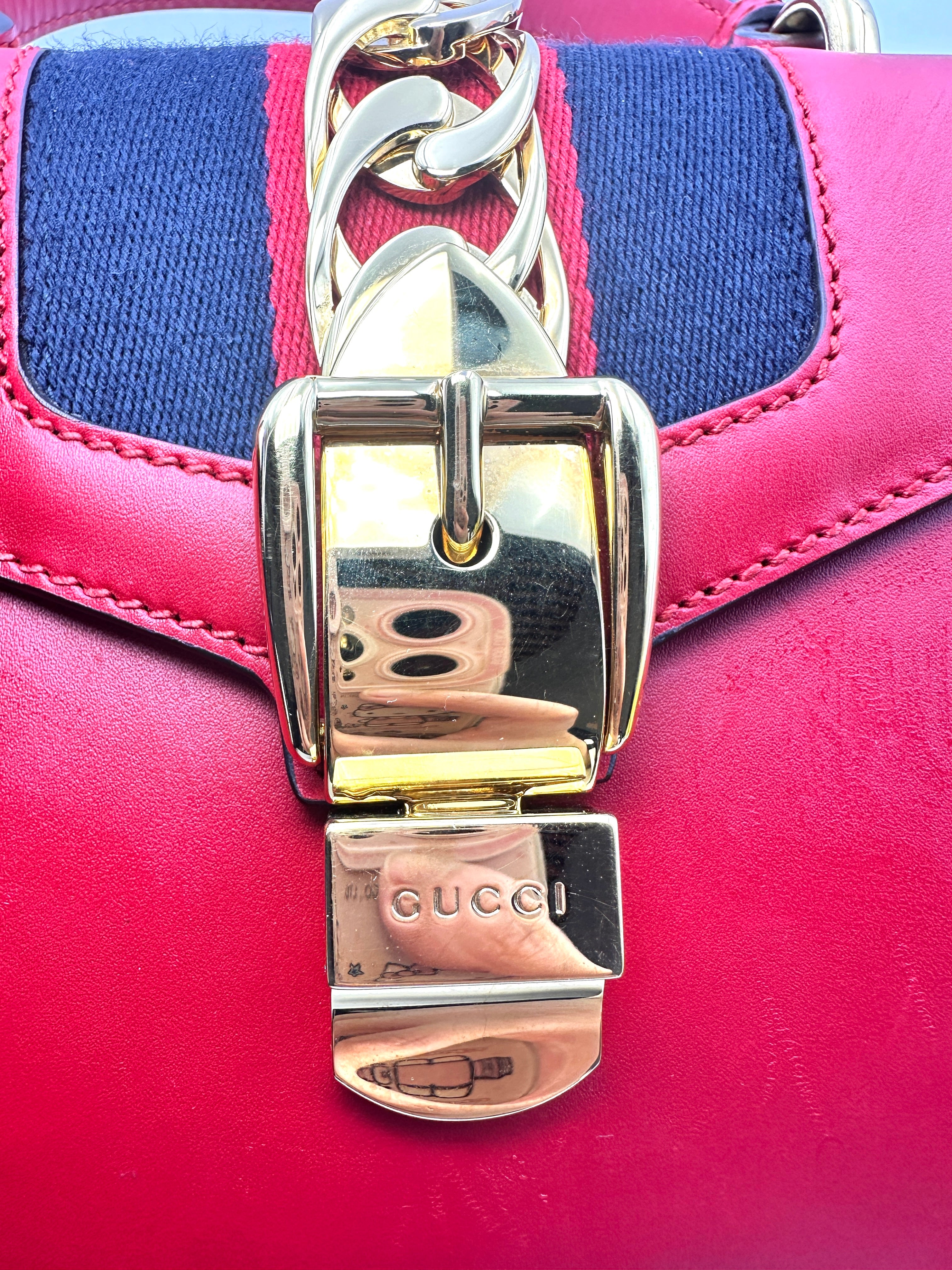 Gucci Sylvie Hibiscus Red Leather Small Size Top Handle Bag GG627