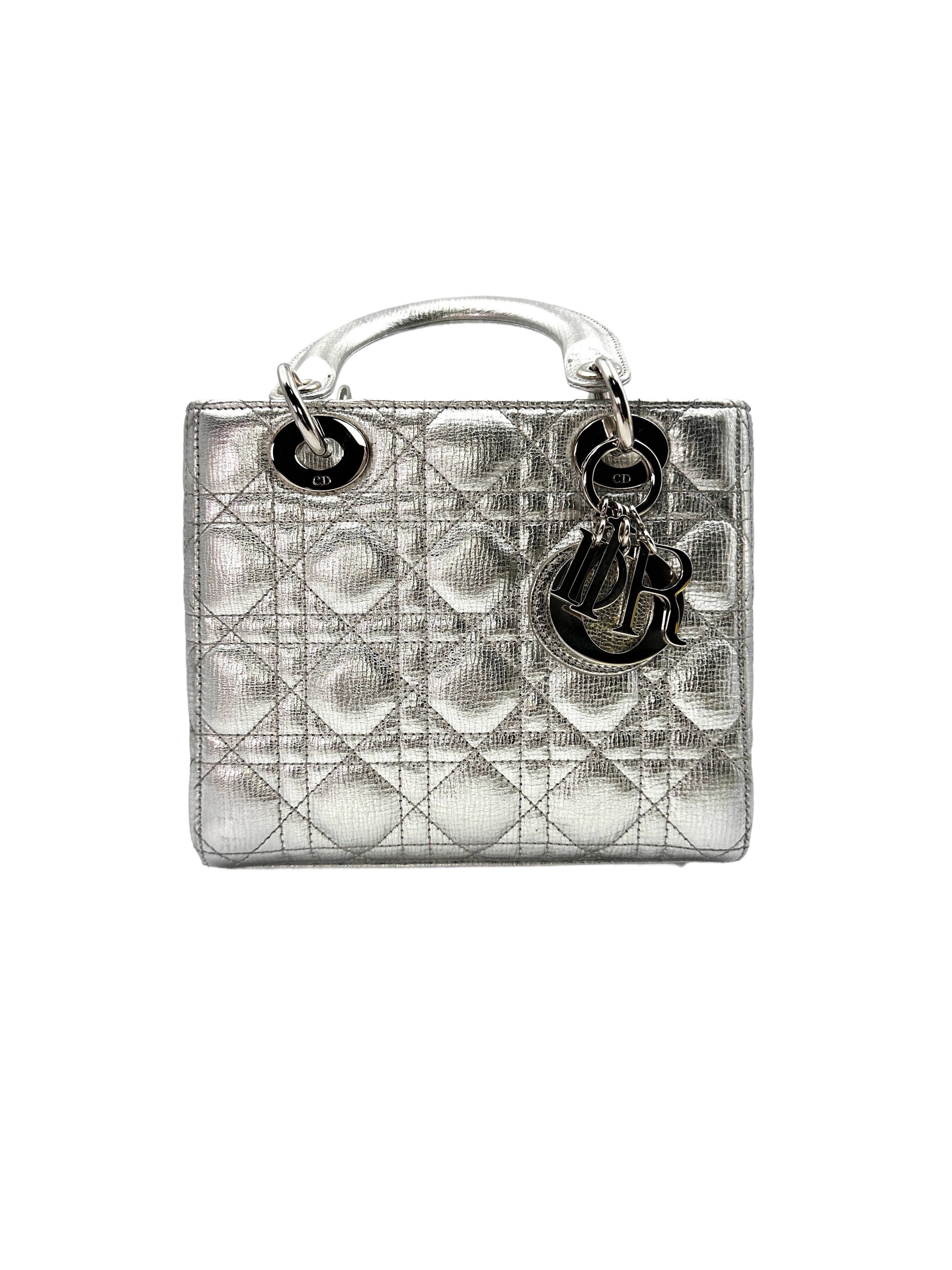 Christian Dior Lady Dior Silver Cannage Leather Handle Bag With Silver Charms DR500