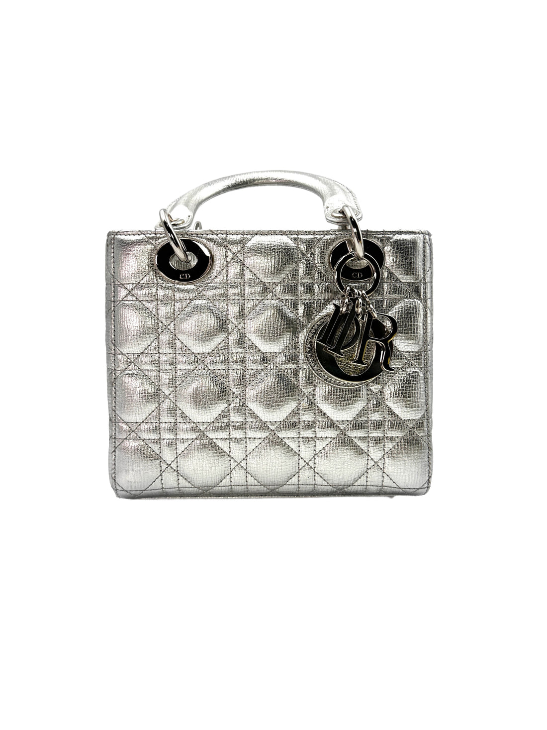 Christian Dior Lady Dior Silver Cannage Leather Handle Bag With Silver Charms DR500