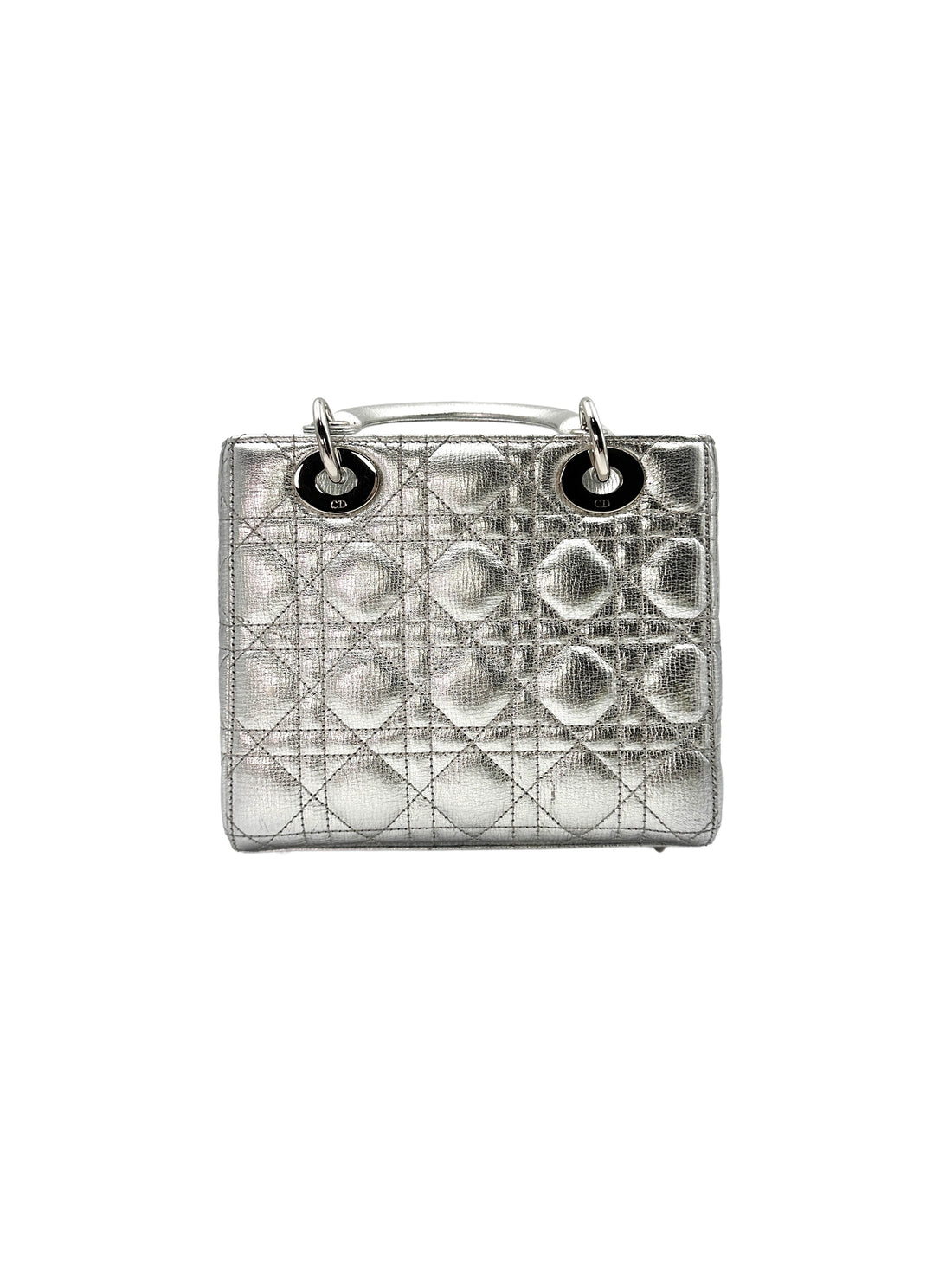 Christian Dior Lady Dior Silver Cannage Leather Handle Bag With Silver Charms DR500