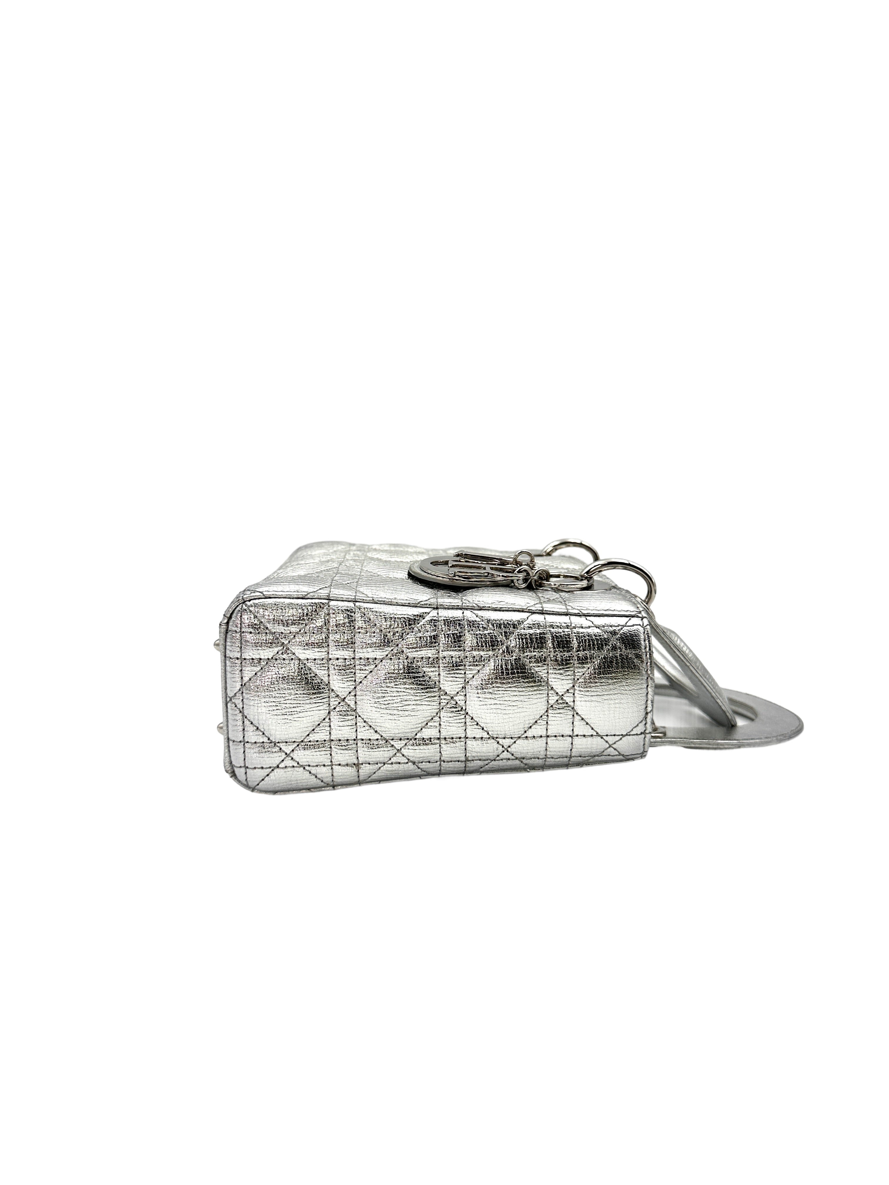 Christian Dior Lady Dior Silver Cannage Leather Handle Bag With Silver Charms DR500