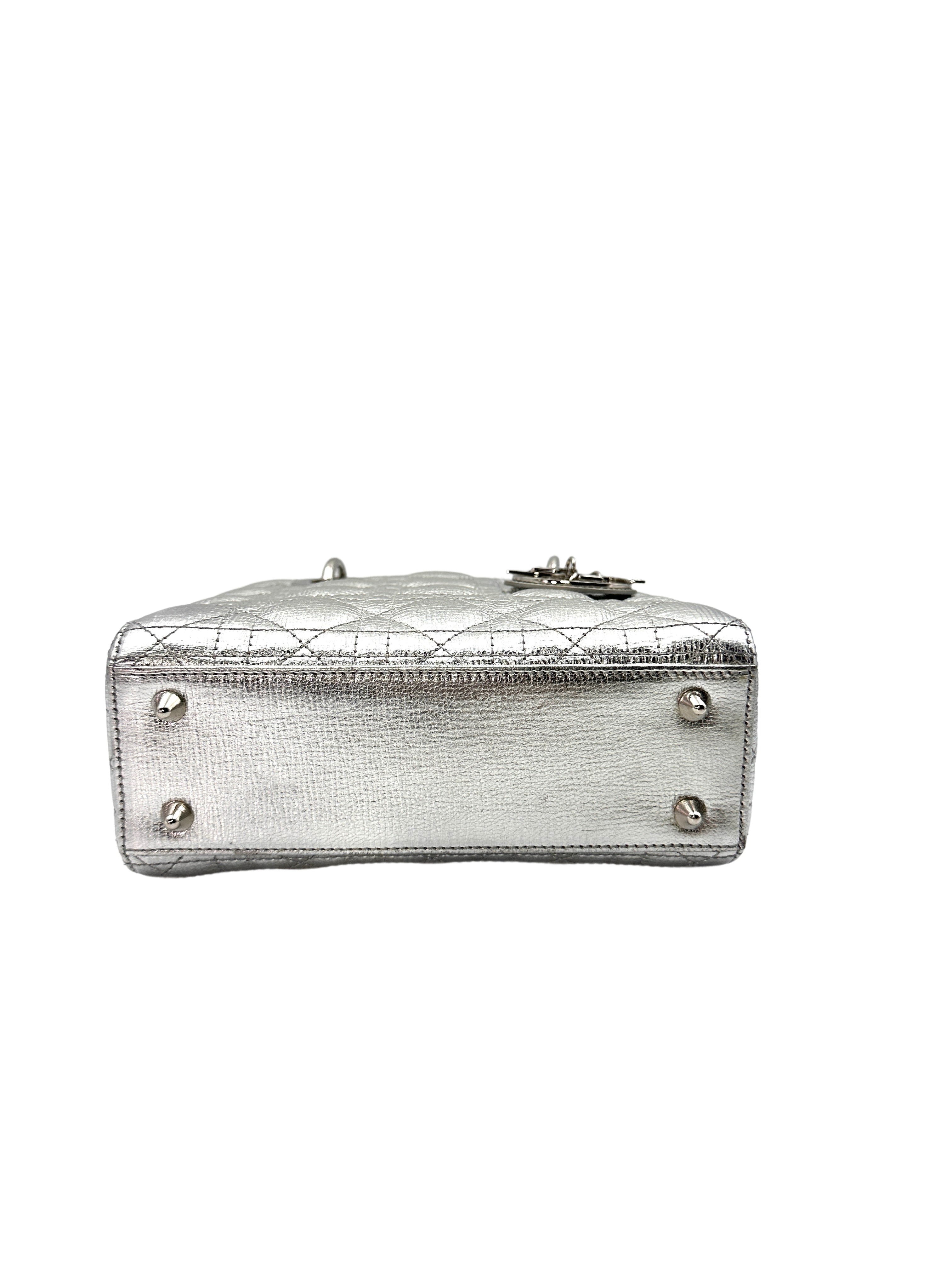 Christian Dior Lady Dior Silver Cannage Leather Handle Bag With Silver Charms DR500