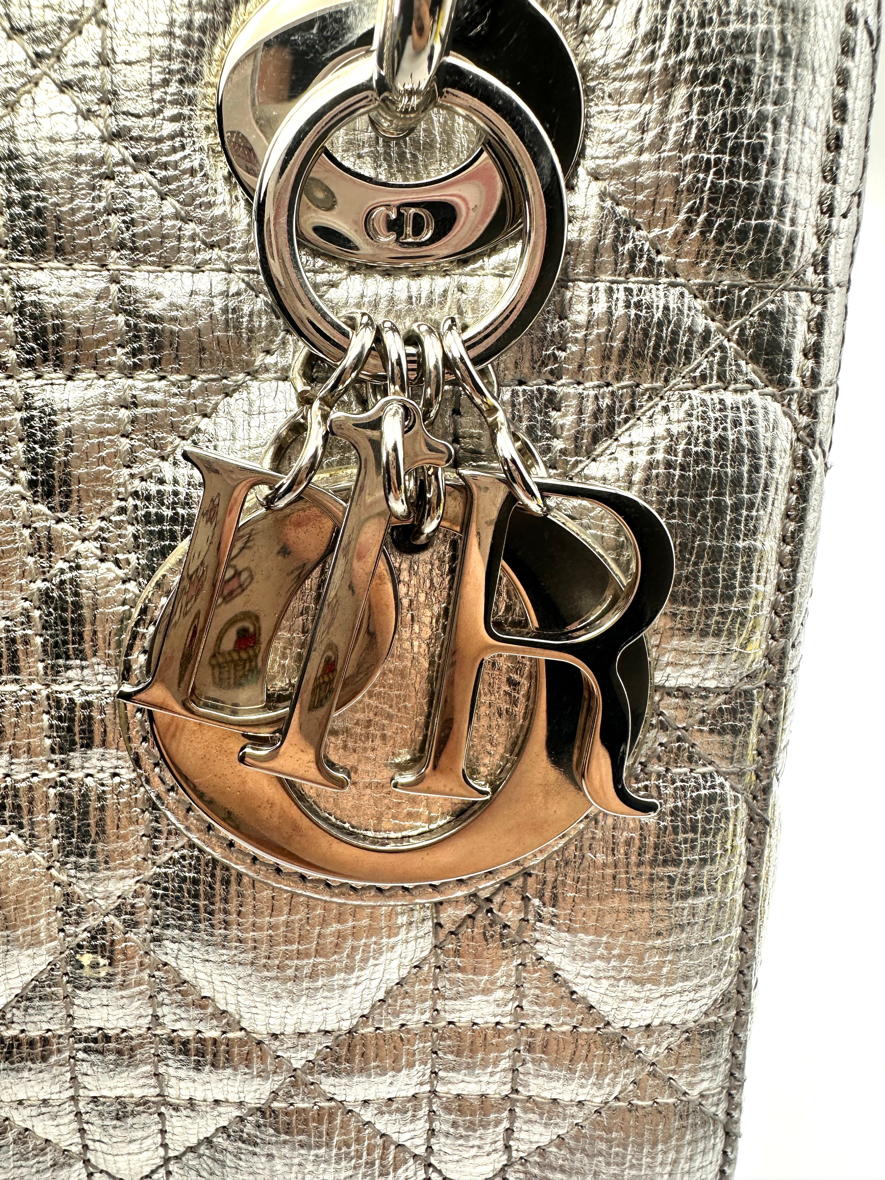 Christian Dior Lady Dior Silver Cannage Leather Handle Bag With Silver Charms DR500