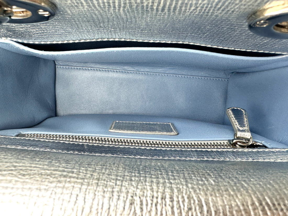 Christian Dior Lady Dior Silver Cannage Leather Handle Bag With Silver Charms DR500