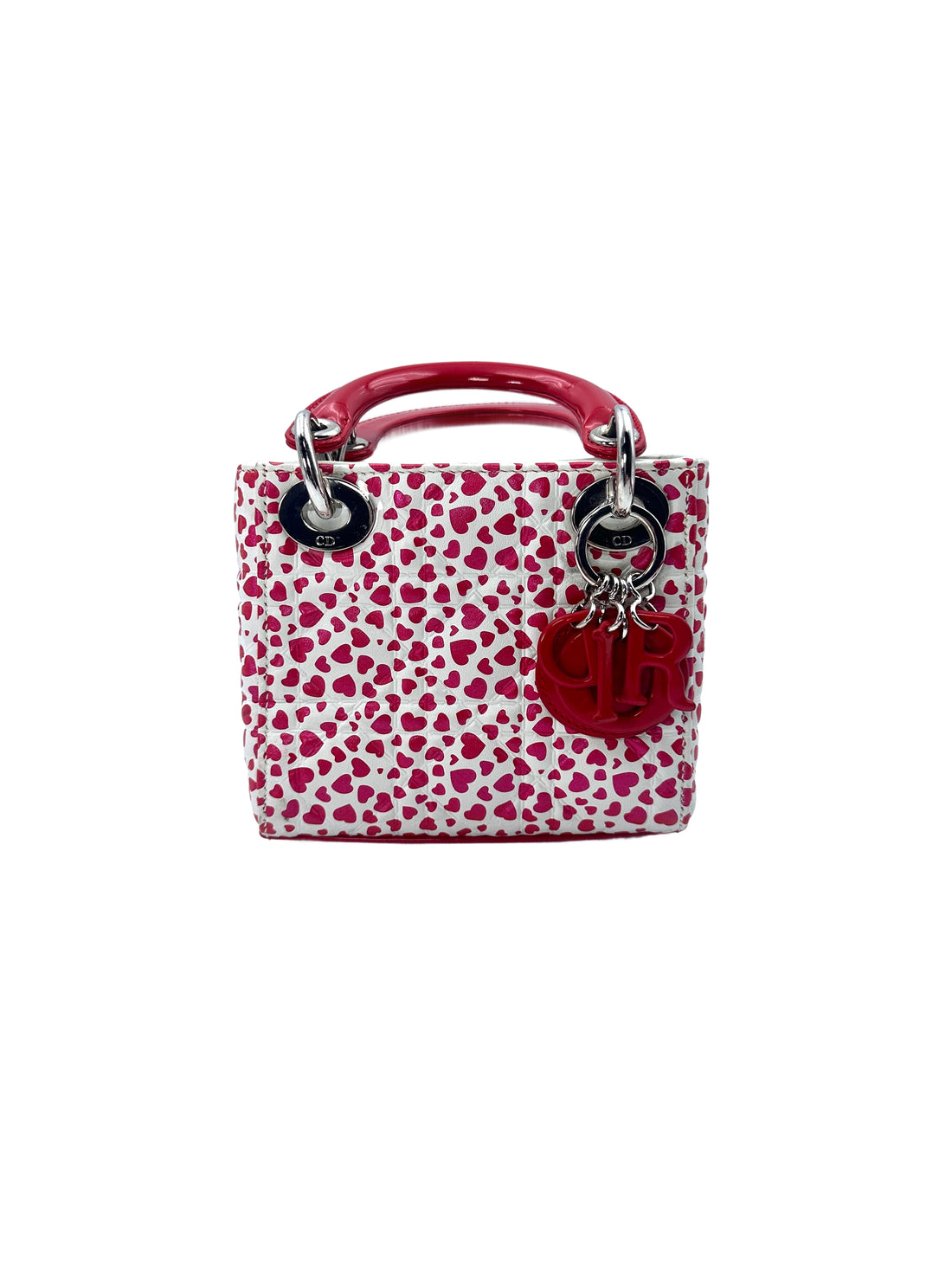 Christian Dior Lady Dior White Cannage Heart Print Leather Micro Handle Bag With Red Charms DR503