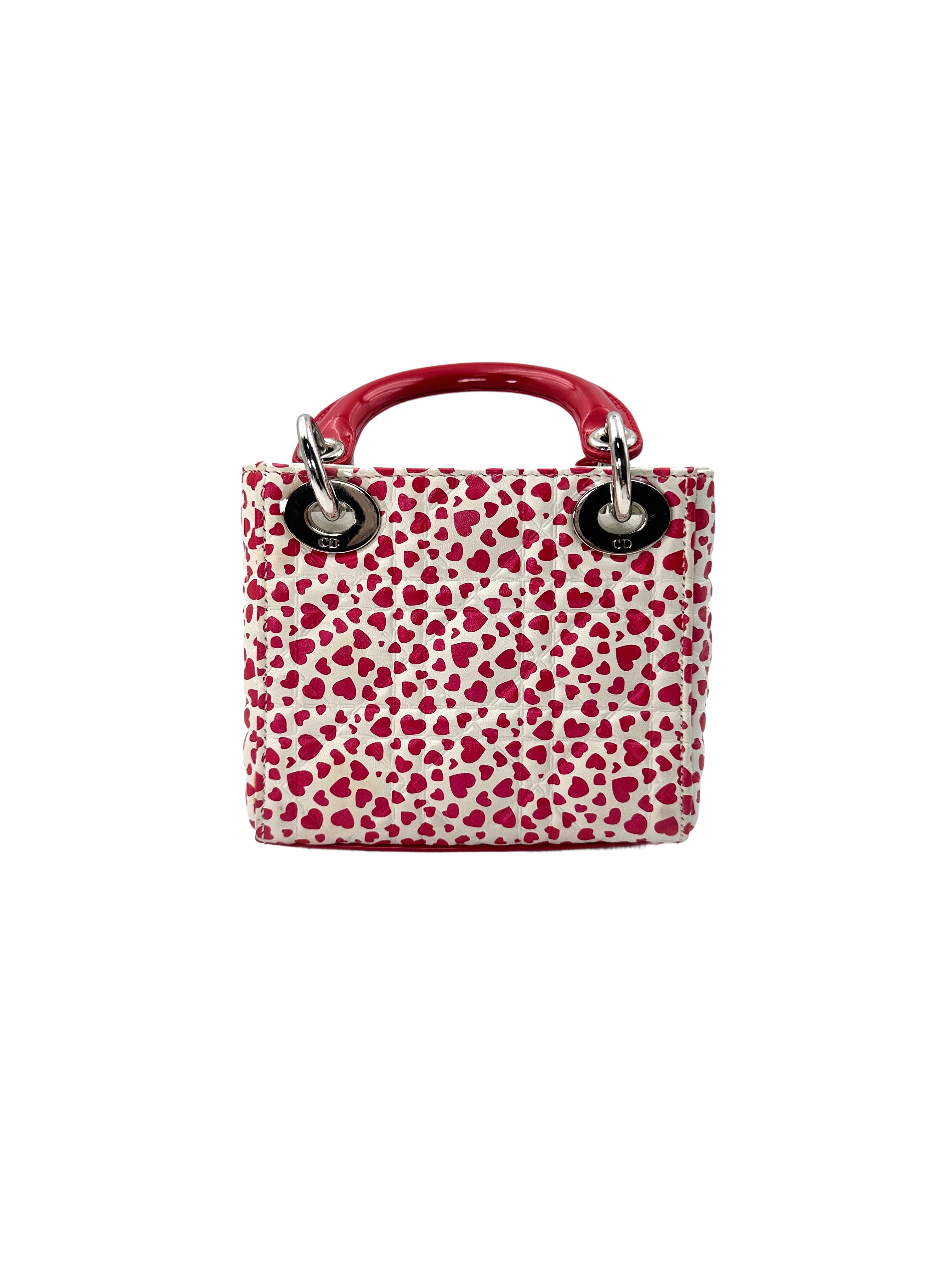 Christian Dior Lady Dior White Cannage Heart Print Leather Micro Handle Bag With Red Charms DR503