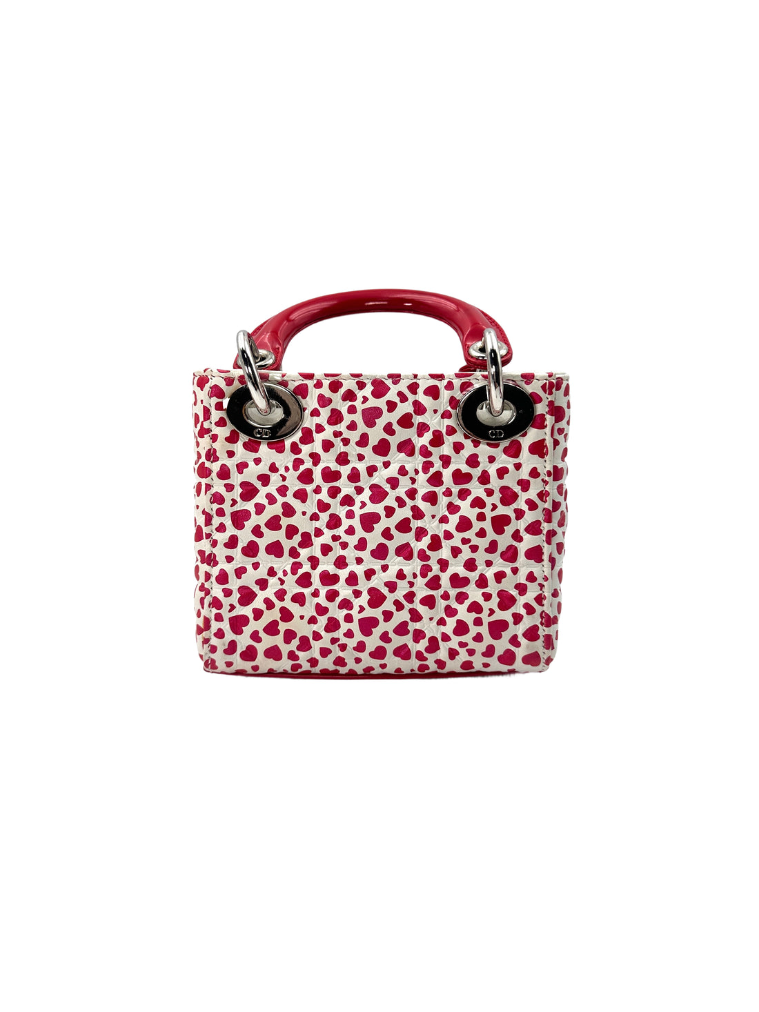 Christian Dior Lady Dior White Cannage Heart Print Leather Micro Handle Bag With Red Charms DR503