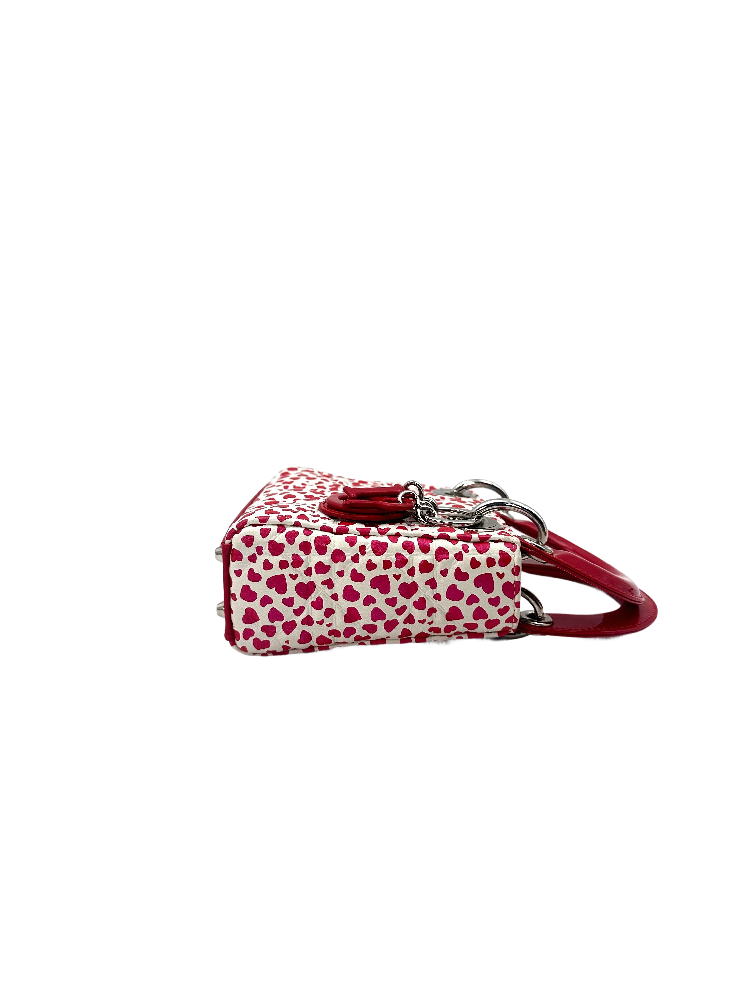 Christian Dior Lady Dior White Cannage Heart Print Leather Micro Handle Bag With Red Charms DR503