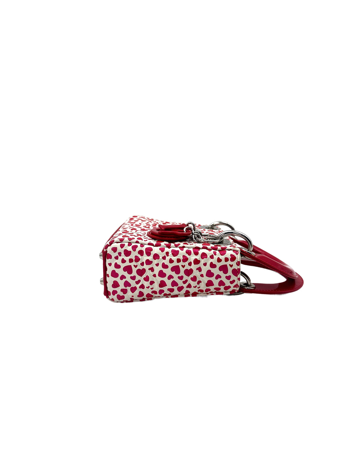Christian Dior Lady Dior White Cannage Heart Print Leather Micro Handle Bag With Red Charms DR503