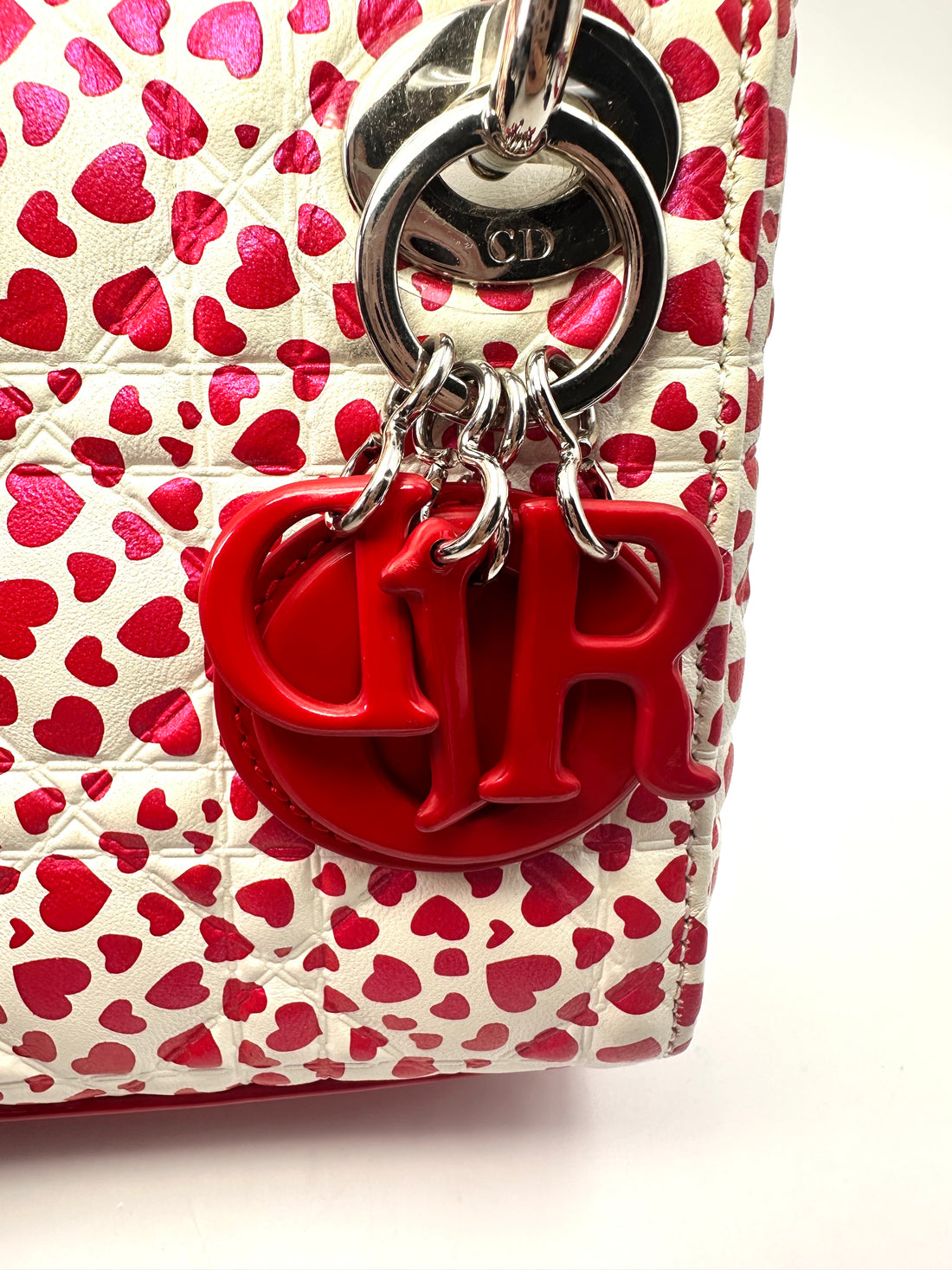 Christian Dior Lady Dior White Cannage Heart Print Leather Micro Handle Bag With Red Charms DR503