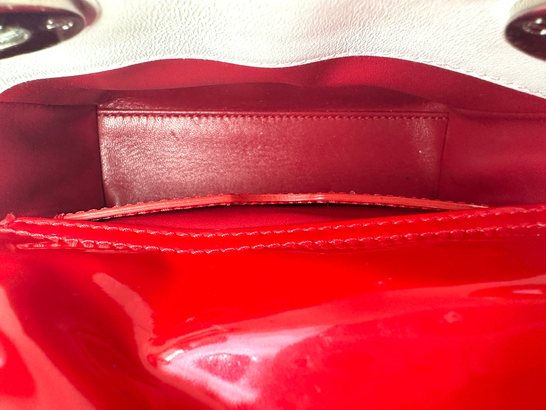 Christian Dior Lady Dior White Cannage Heart Print Leather Micro Handle Bag With Red Charms DR503