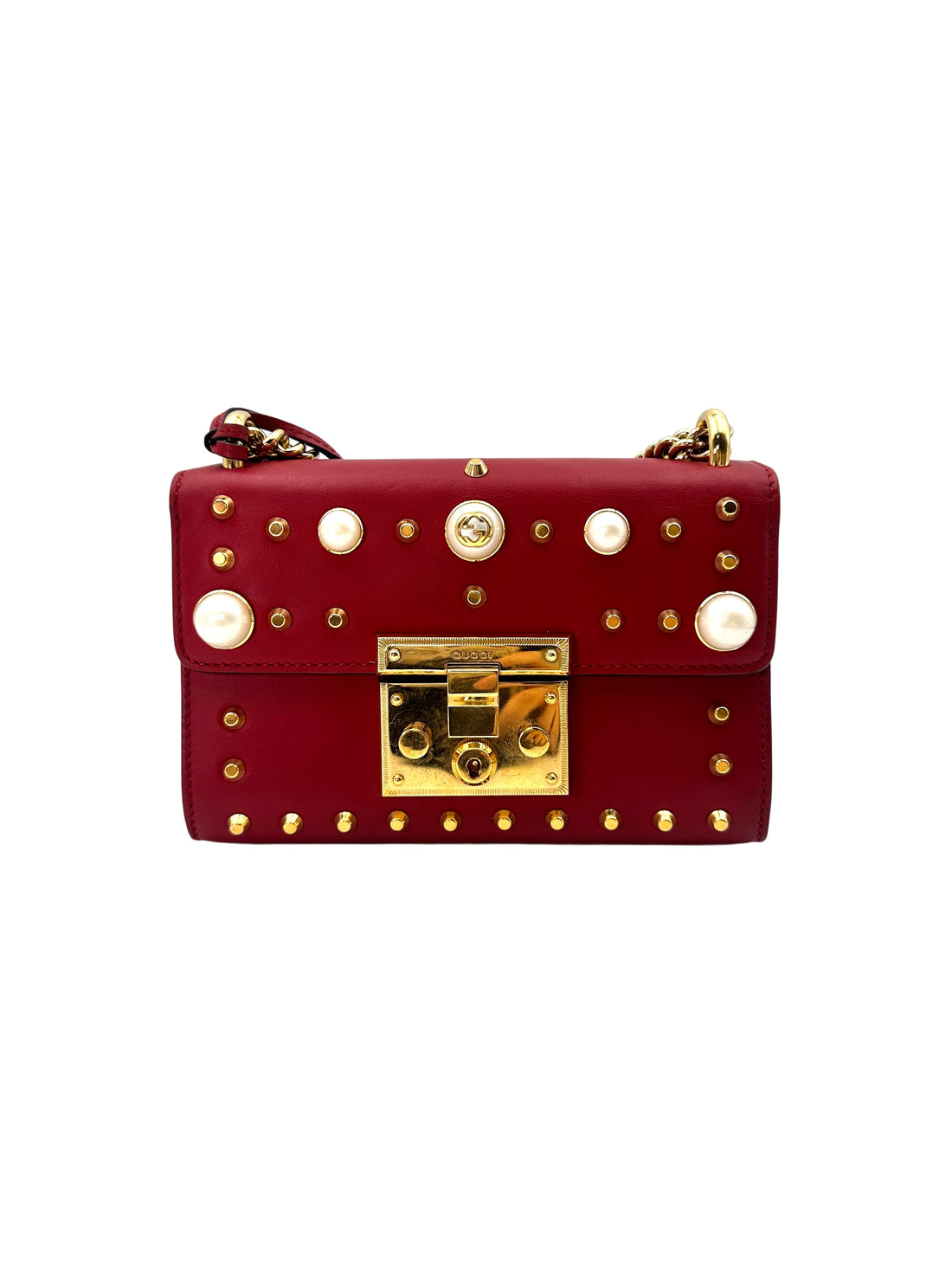 Gucci Padlock Red Leather Pearl And Studded Chain Bag With Gold Buckle GG630