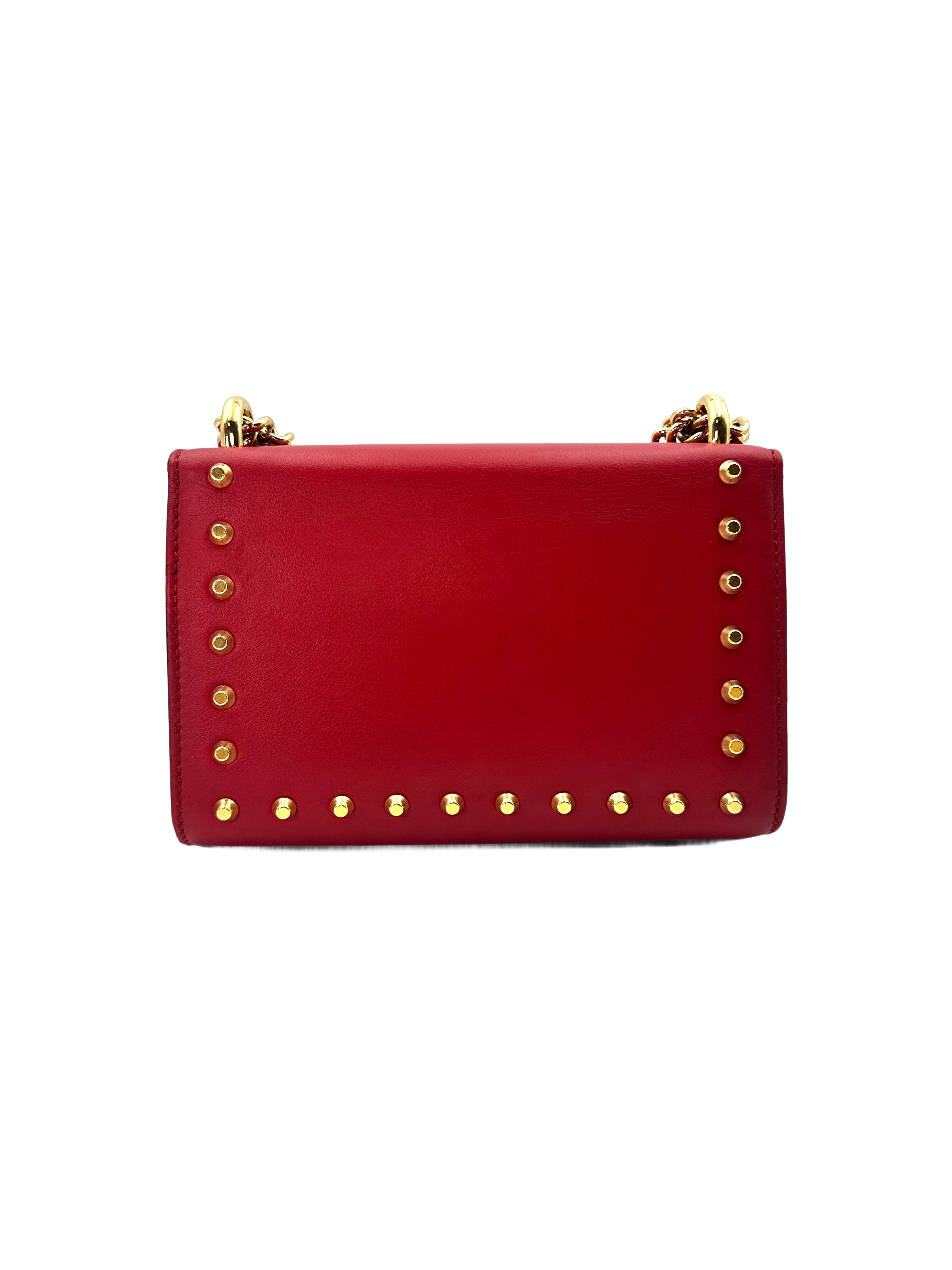 Gucci Padlock Red Leather Pearl And Studded Chain Bag With Gold Buckle GG630