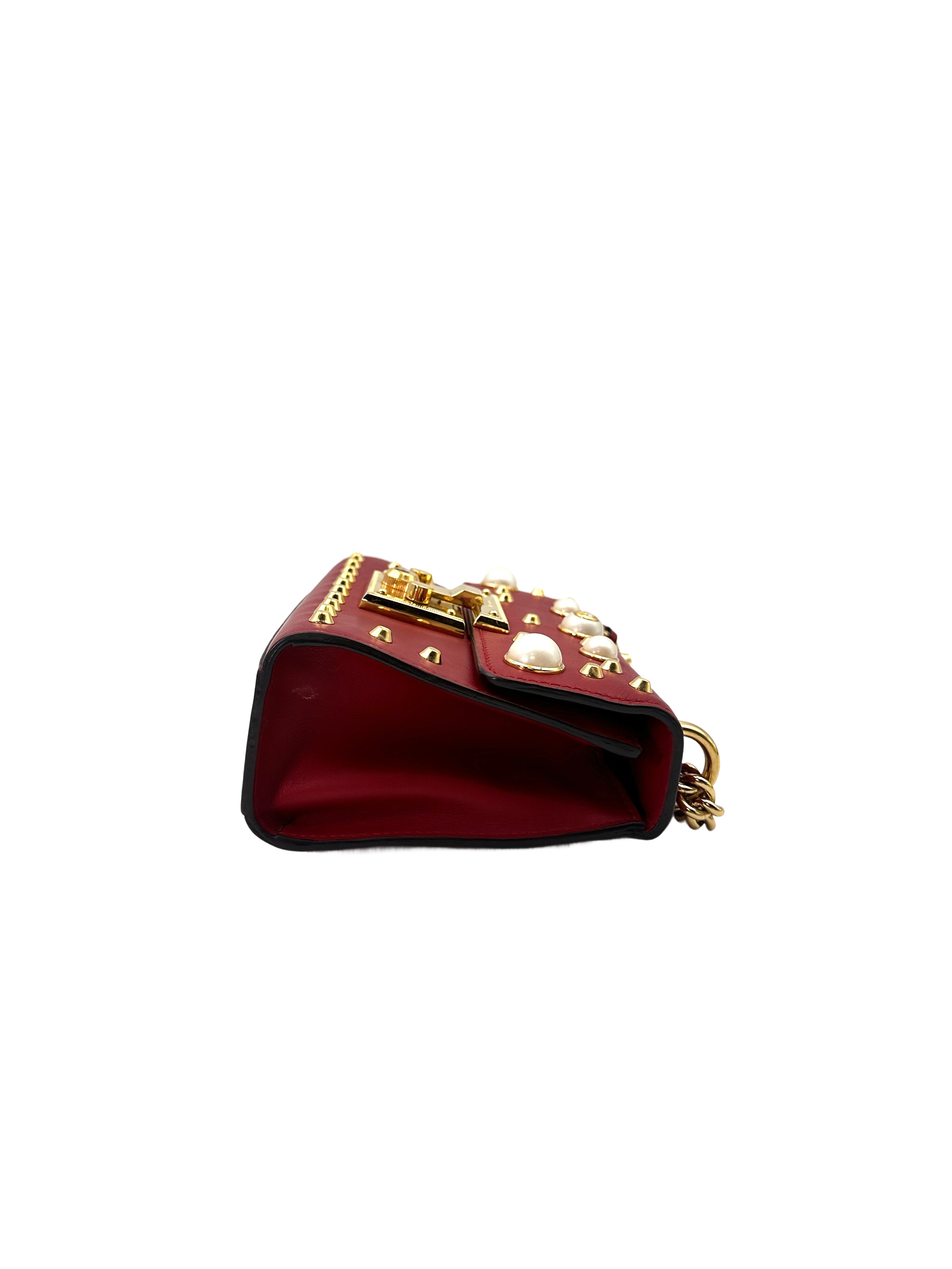 Gucci Padlock Red Leather Pearl And Studded Chain Bag With Gold Buckle GG630