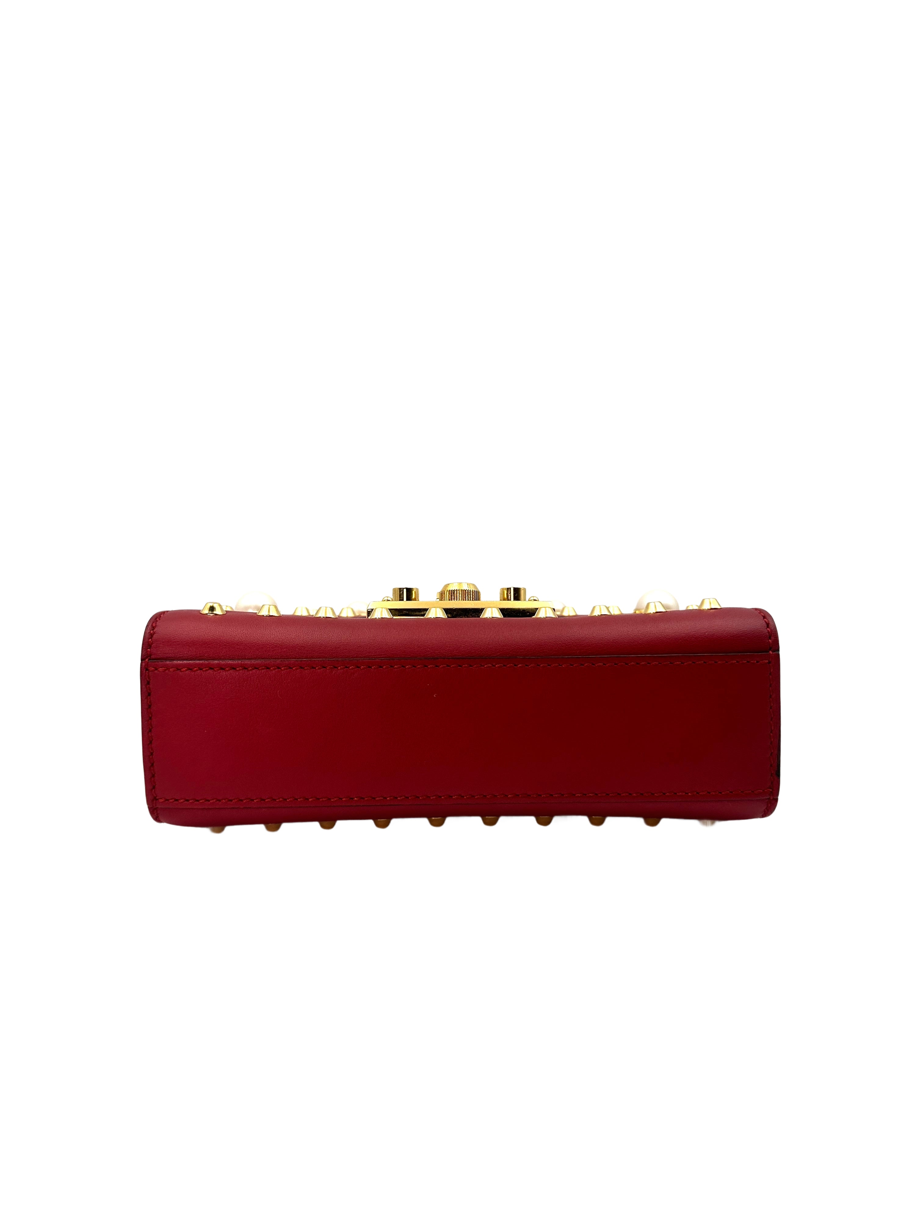 Gucci Padlock Red Leather Pearl And Studded Chain Bag With Gold Buckle GG630