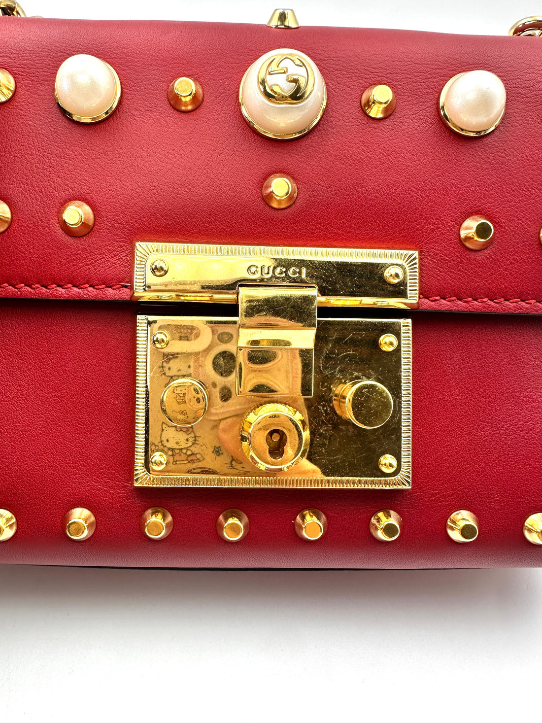 Gucci Padlock Red Leather Pearl And Studded Chain Bag With Gold Buckle GG630