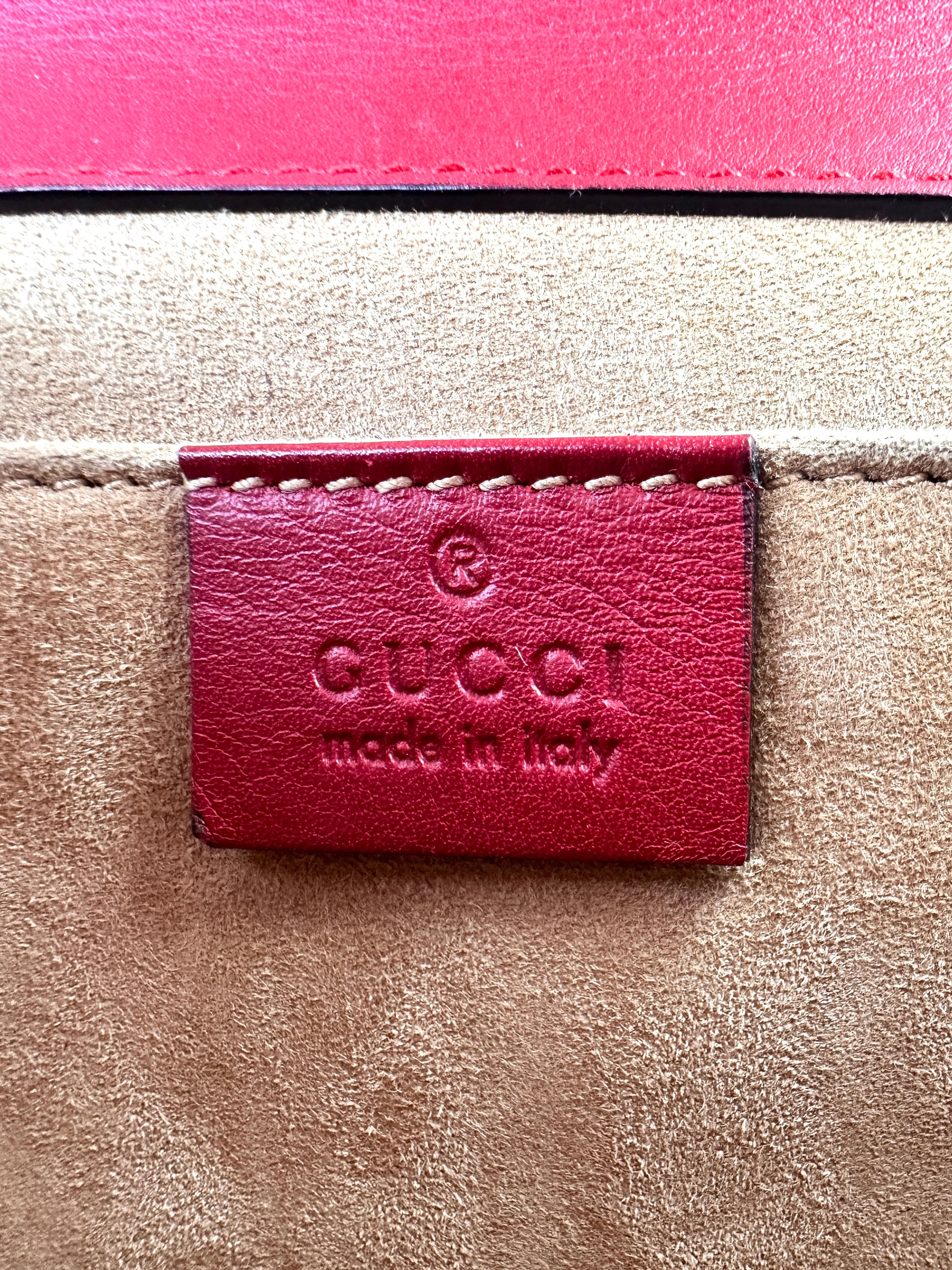 Gucci Padlock Red Leather Pearl And Studded Chain Bag With Gold Buckle GG630