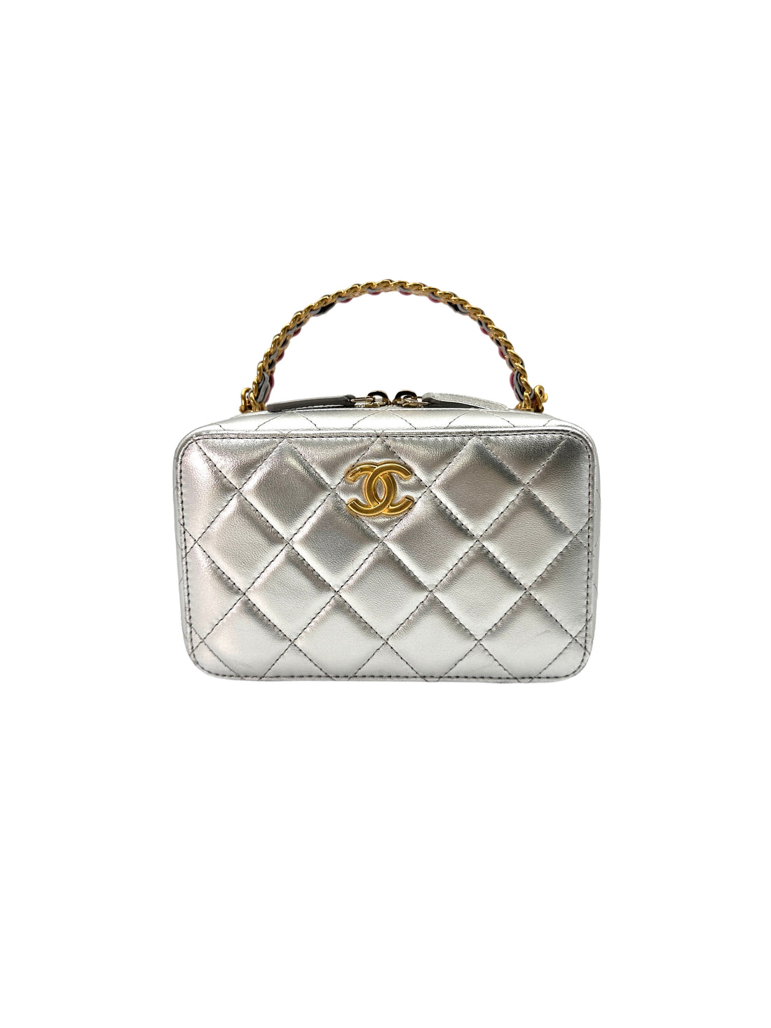 Chanel 23P "Pick Me Up"Silver Quilted Calfskin Top Handle Vanity Case(K8***JA) CC1419