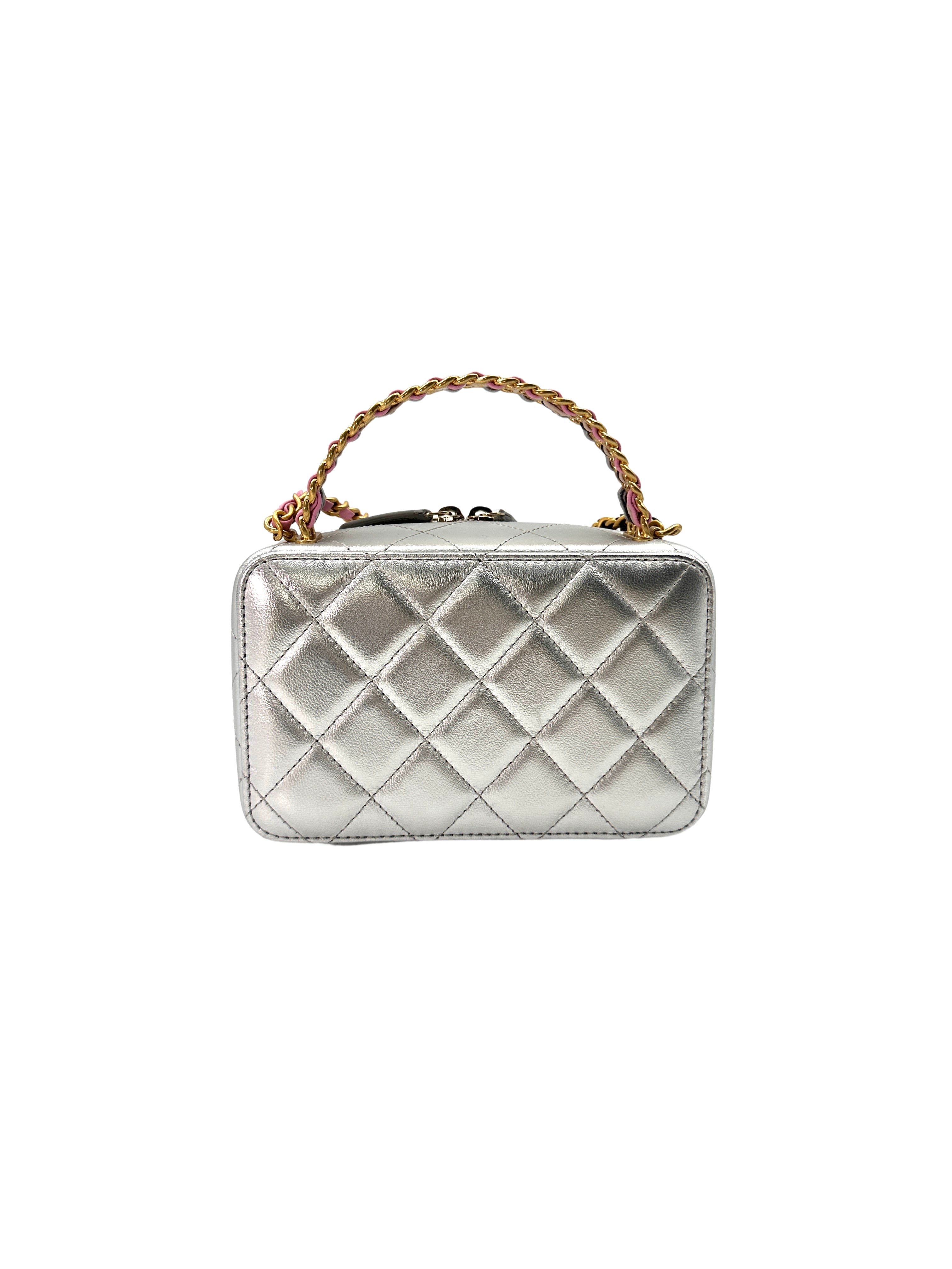 Chanel 23P "Pick Me Up"Silver Quilted Calfskin Top Handle Vanity Case(K8***JA) CC1419
