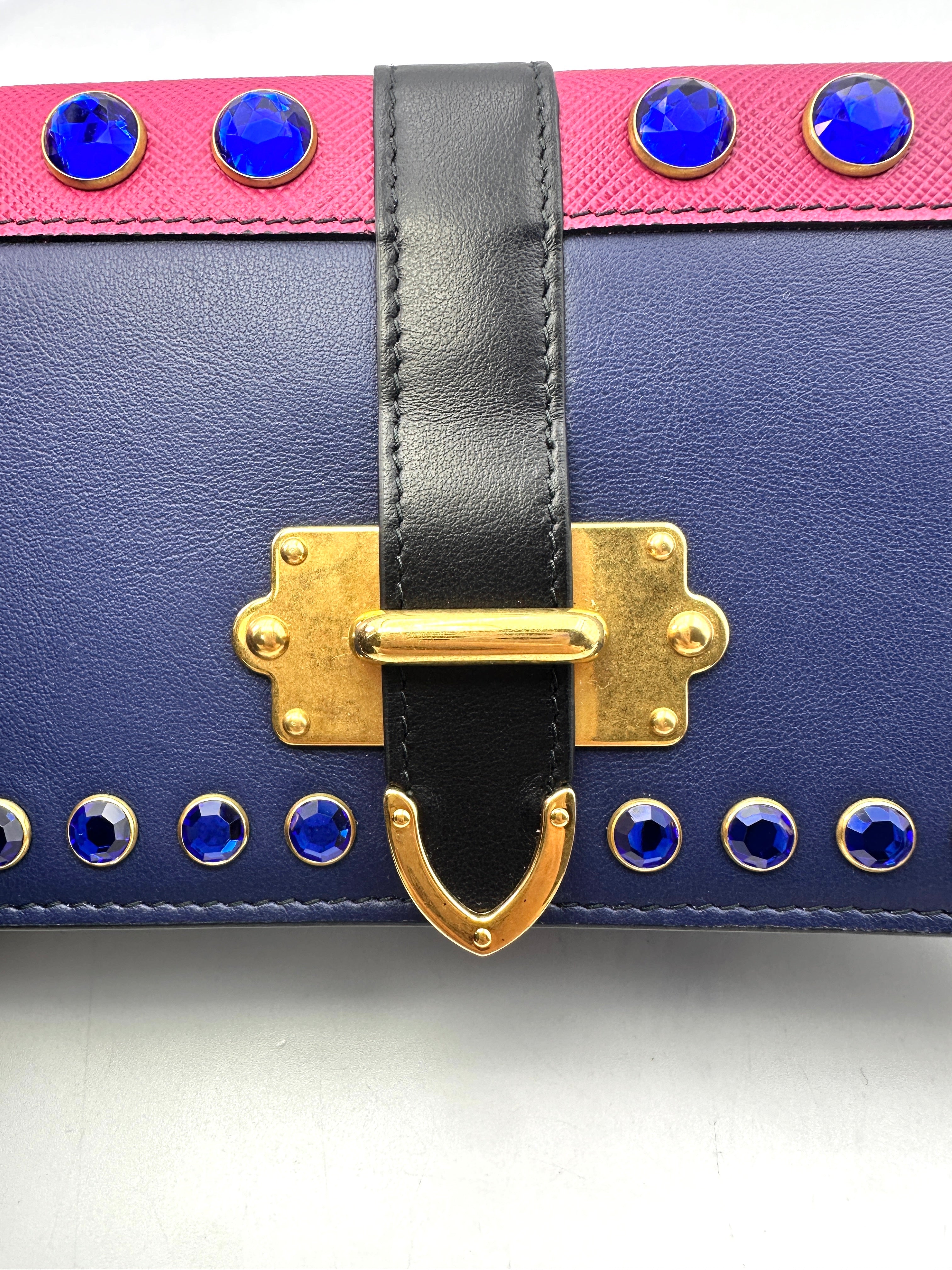 Prada Cahier Crystal-Embellished Saffiano Leather Small Size Chain Bag PR189