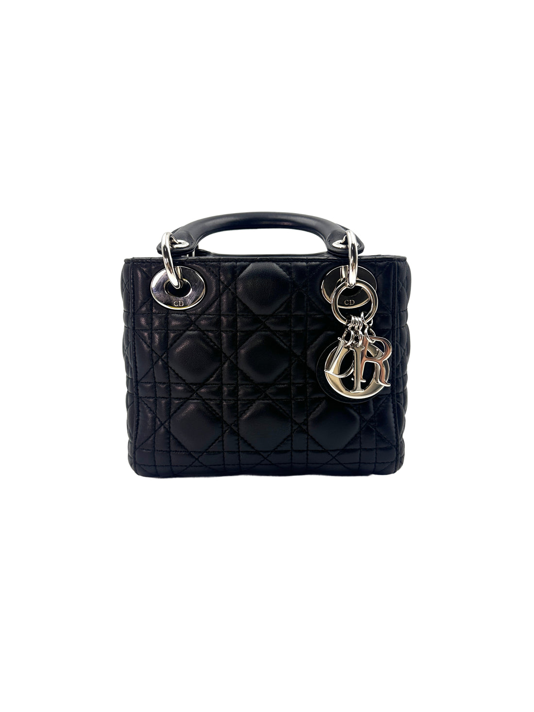 Christian Dior Lady Dior Black Cannage Lambskin Handle Bag With Silver Charms DR505