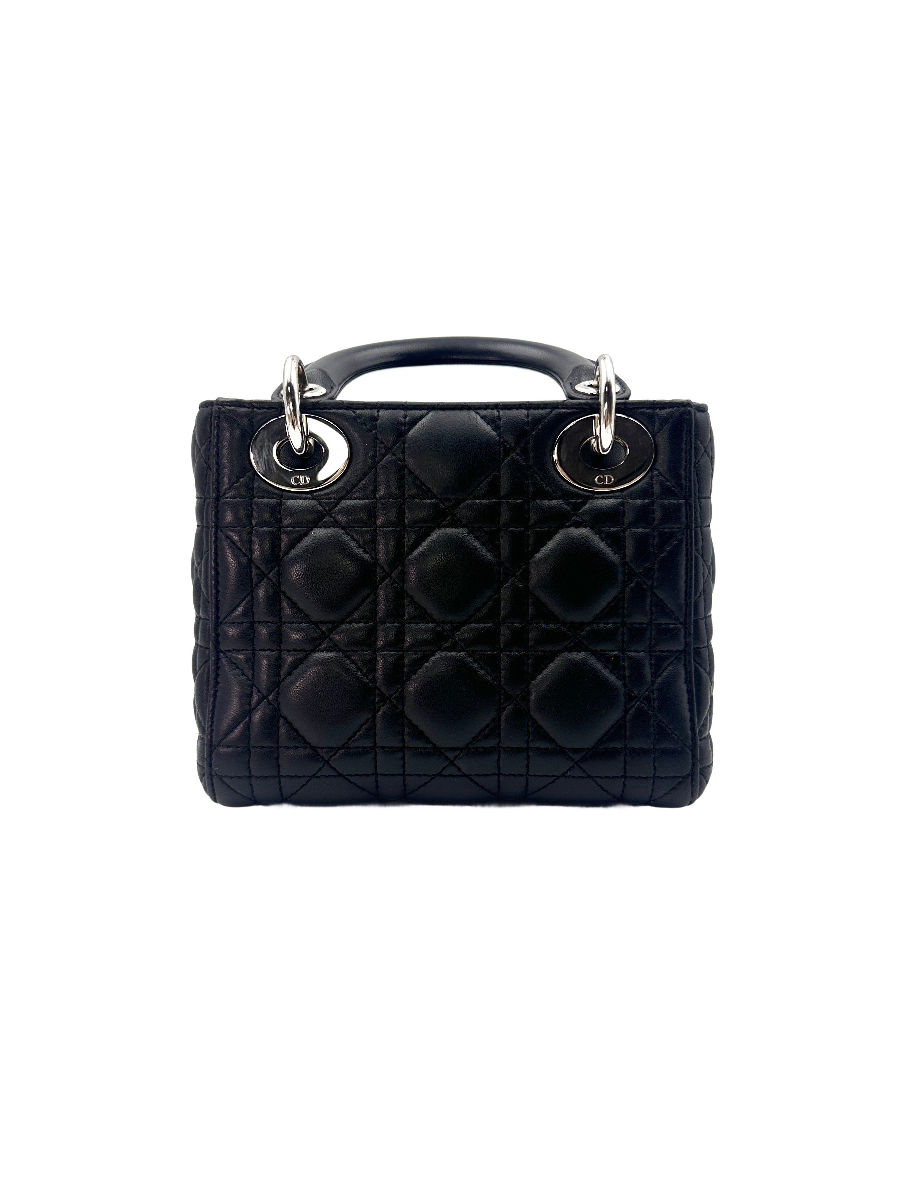 Christian Dior Lady Dior Black Cannage Lambskin Handle Bag With Silver Charms DR505