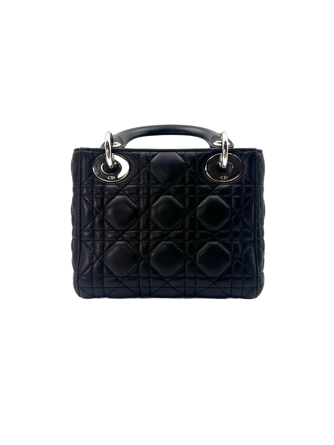 Christian Dior Lady Dior Black Cannage Lambskin Handle Bag With Silver Charms DR505