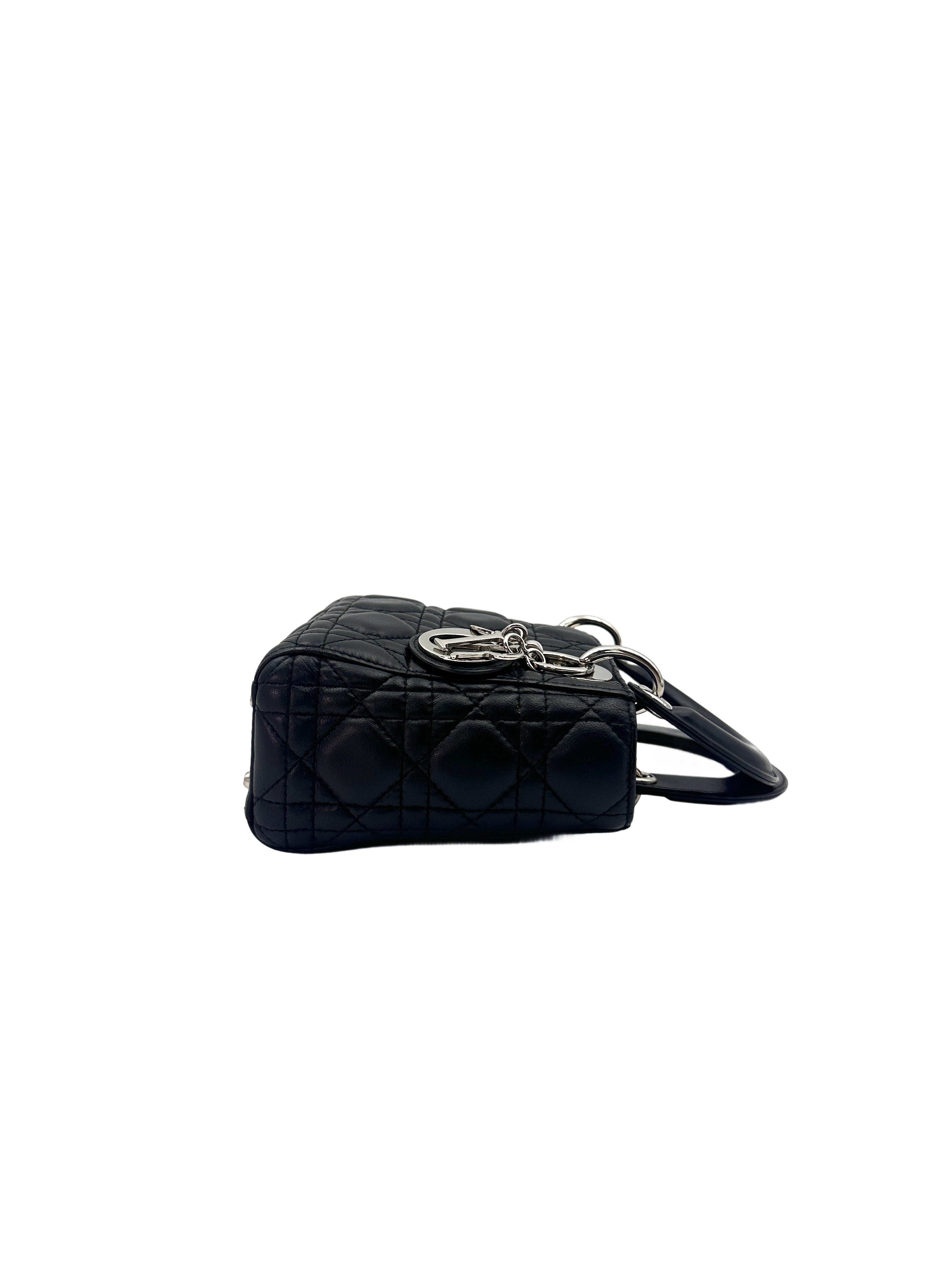 Christian Dior Lady Dior Black Cannage Lambskin Handle Bag With Silver Charms DR505