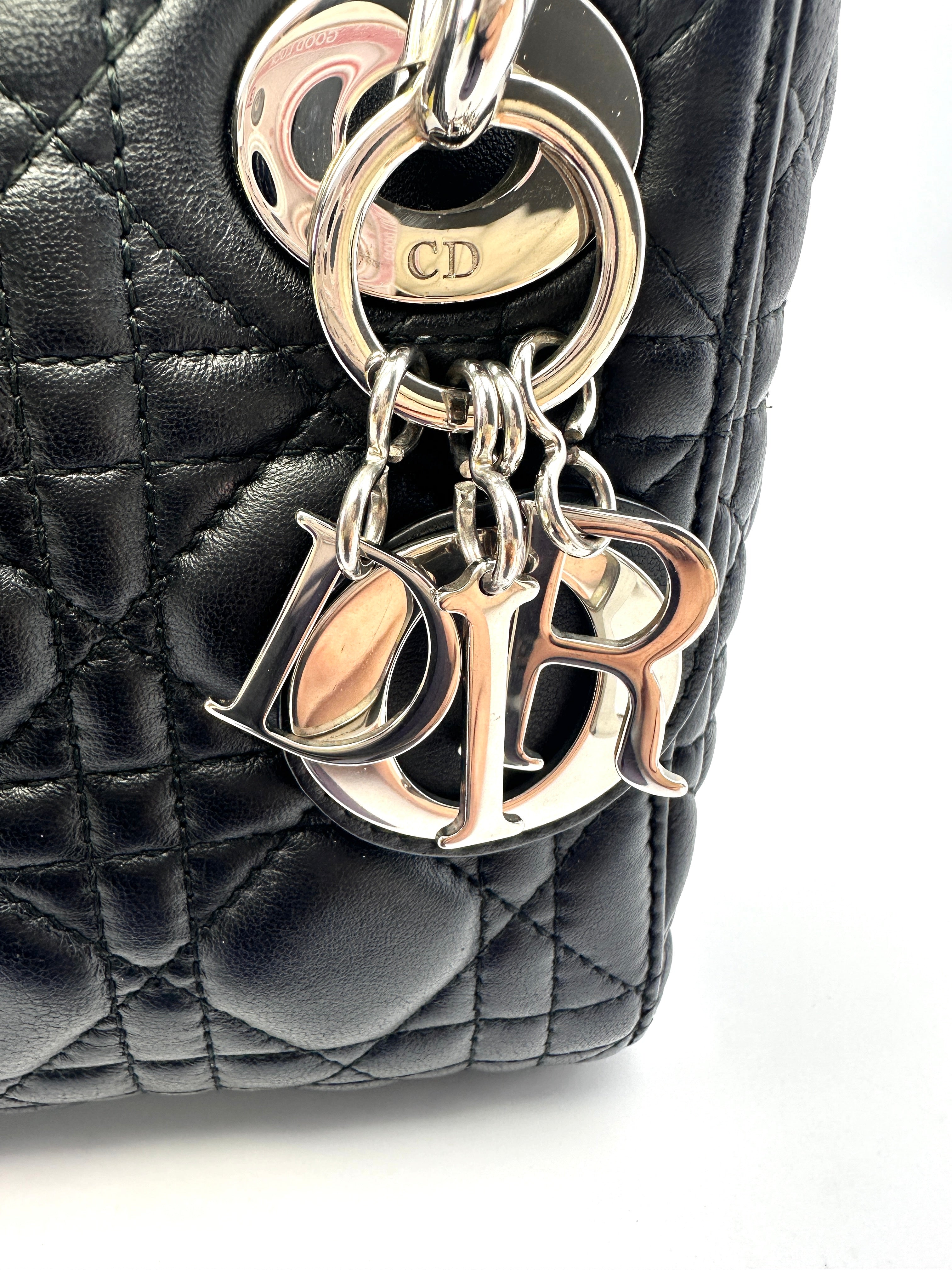 Christian Dior Lady Dior Black Cannage Lambskin Handle Bag With Silver Charms DR505