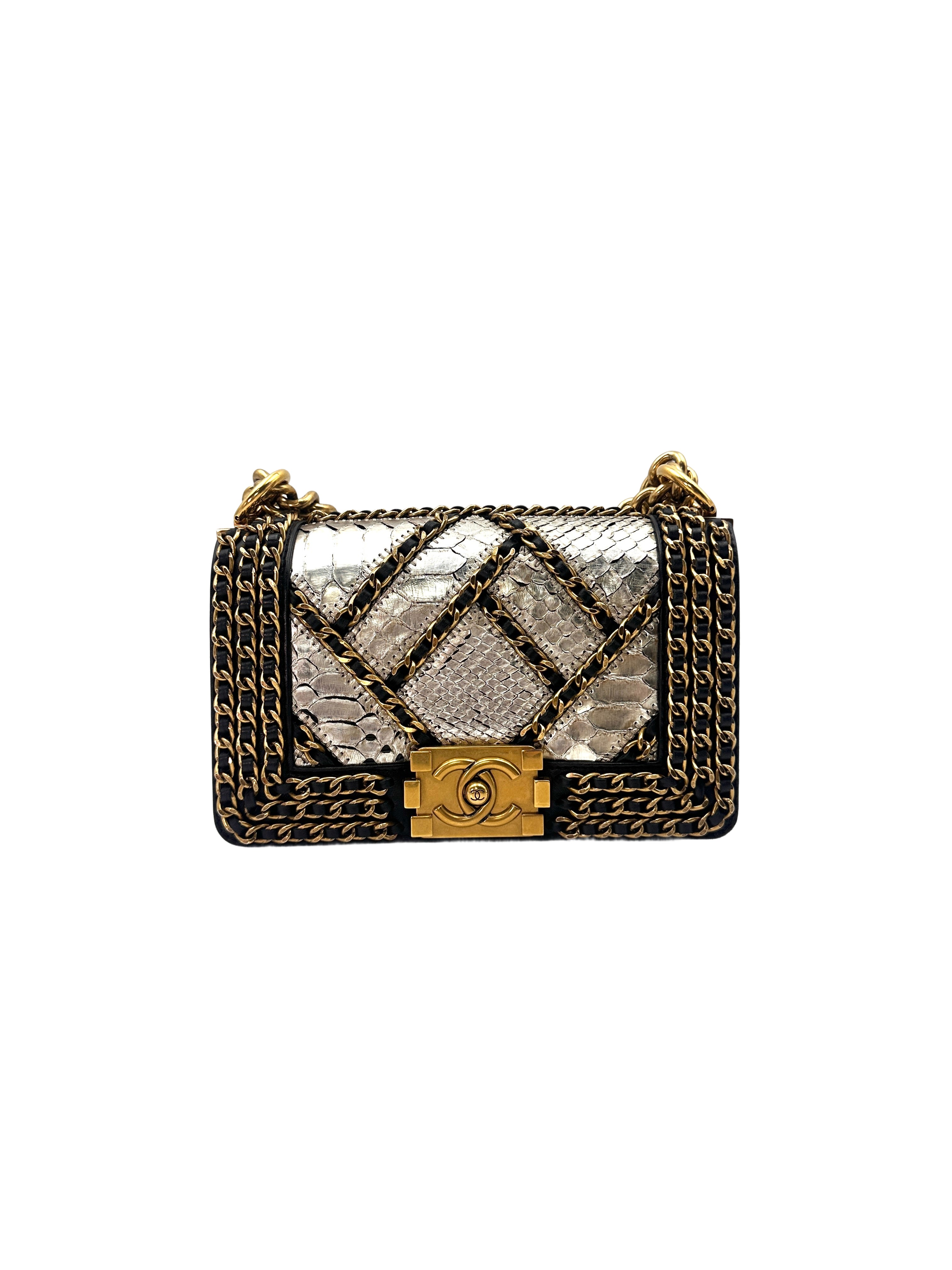 Chanel LeBoy Metallic Blue Python & Woven Gold Chain Detail Flap Bag With Gold Buckle(21***62) CC1424