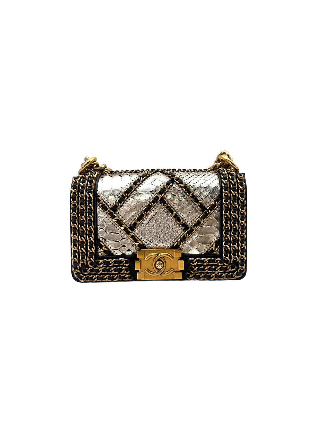 Chanel LeBoy Metallic Blue Python & Woven Gold Chain Detail Flap Bag With Gold Buckle(21***62) CC1424