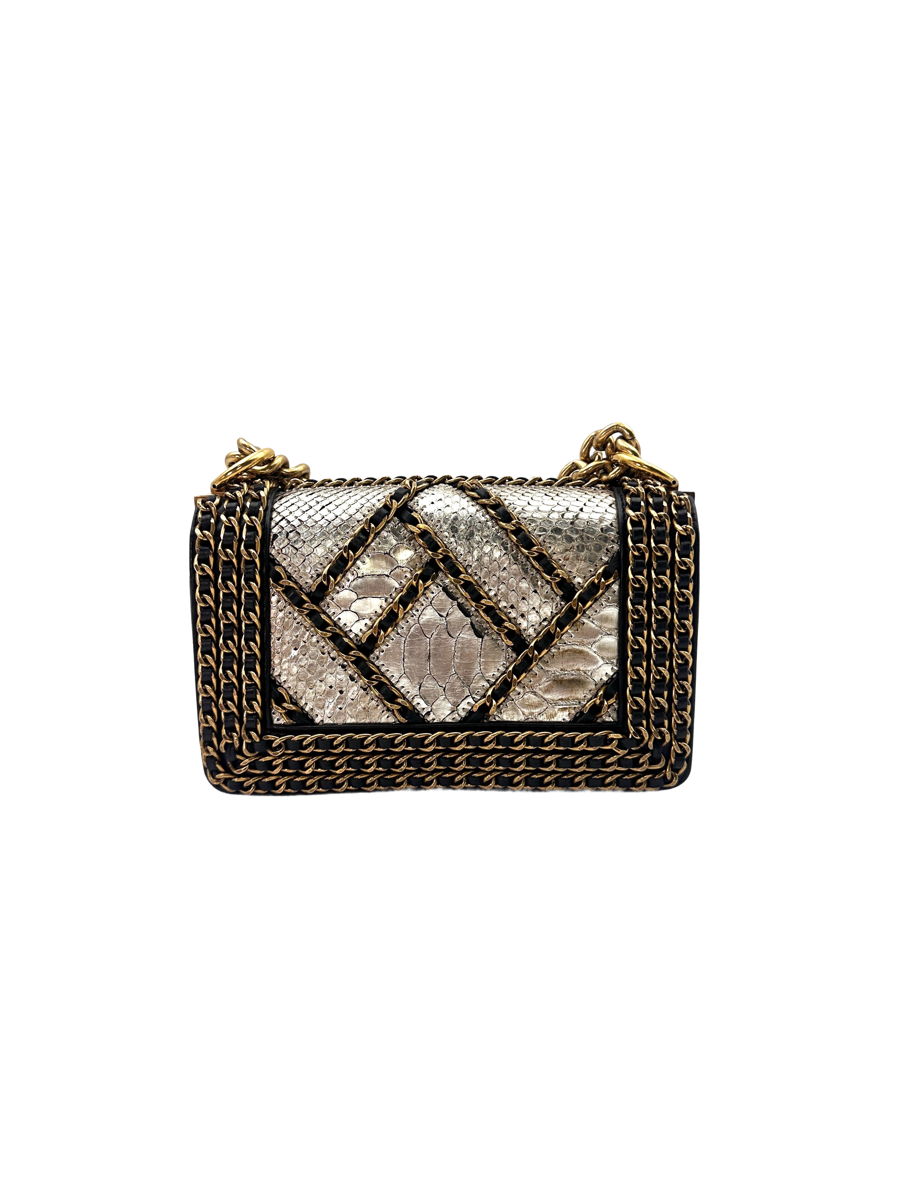 Chanel LeBoy Metallic Blue Python & Woven Gold Chain Detail Flap Bag With Gold Buckle(21***62) CC1424