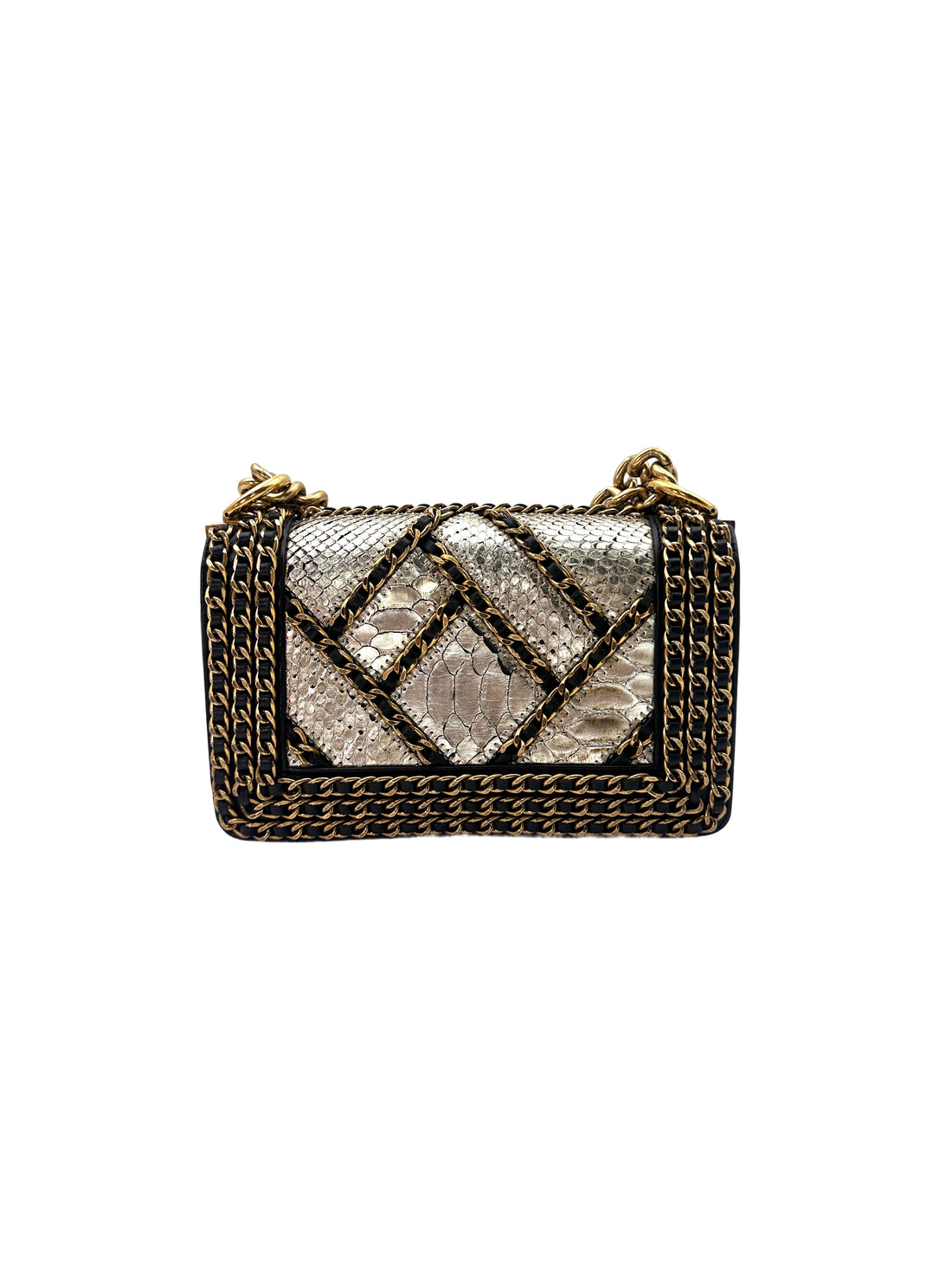 Chanel LeBoy Metallic Blue Python & Woven Gold Chain Detail Flap Bag With Gold Buckle(21***62) CC1424