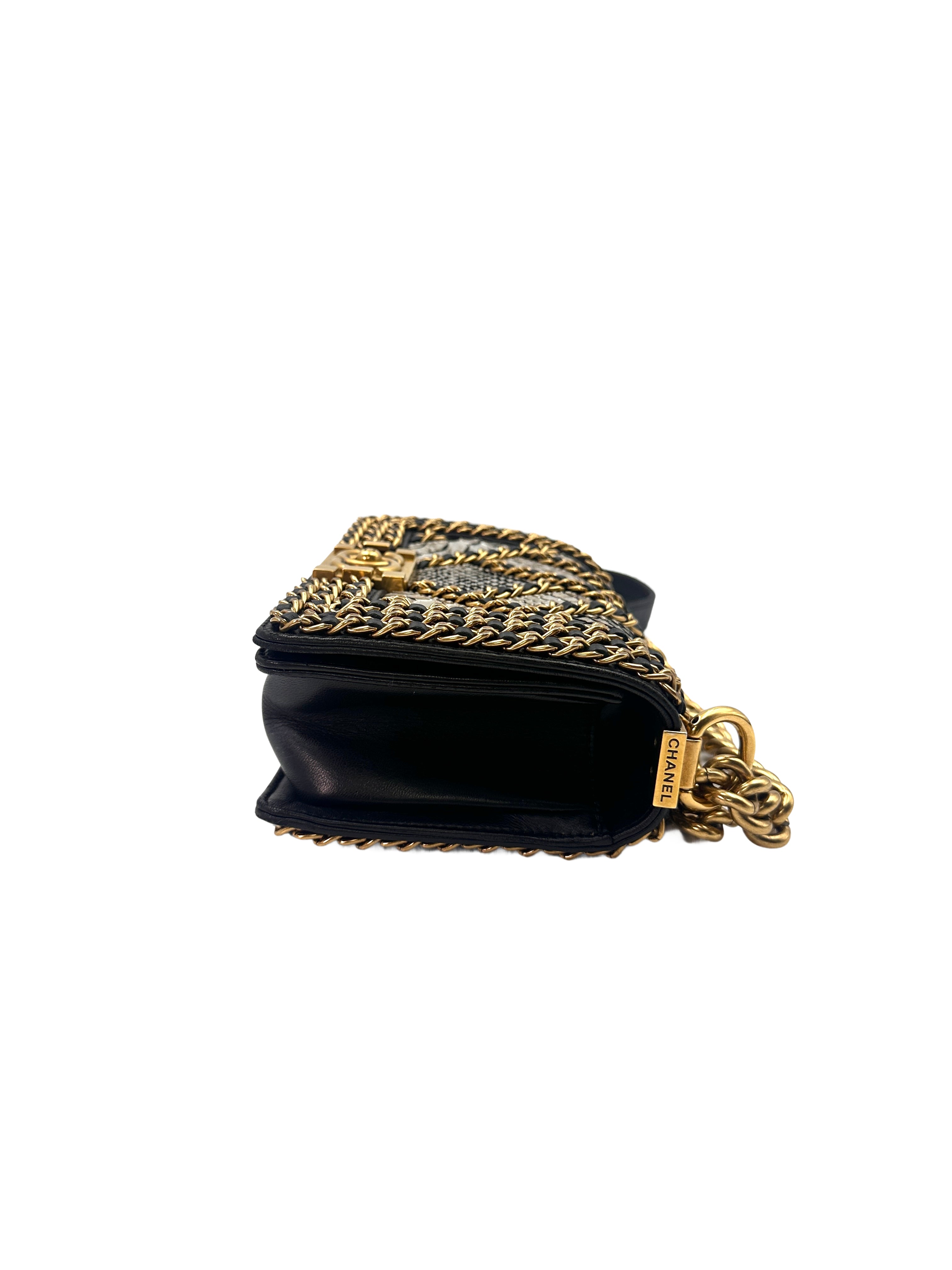 Chanel LeBoy Metallic Blue Python & Woven Gold Chain Detail Flap Bag With Gold Buckle(21***62) CC1424