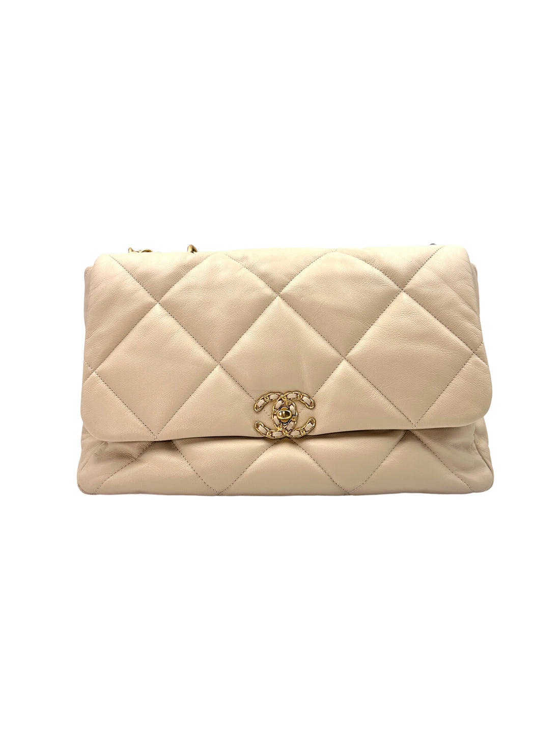 Chanel 19 Beige Quilted Lambskin Large Size Flap Bag With Gold Buckle(30***08) IRIS019