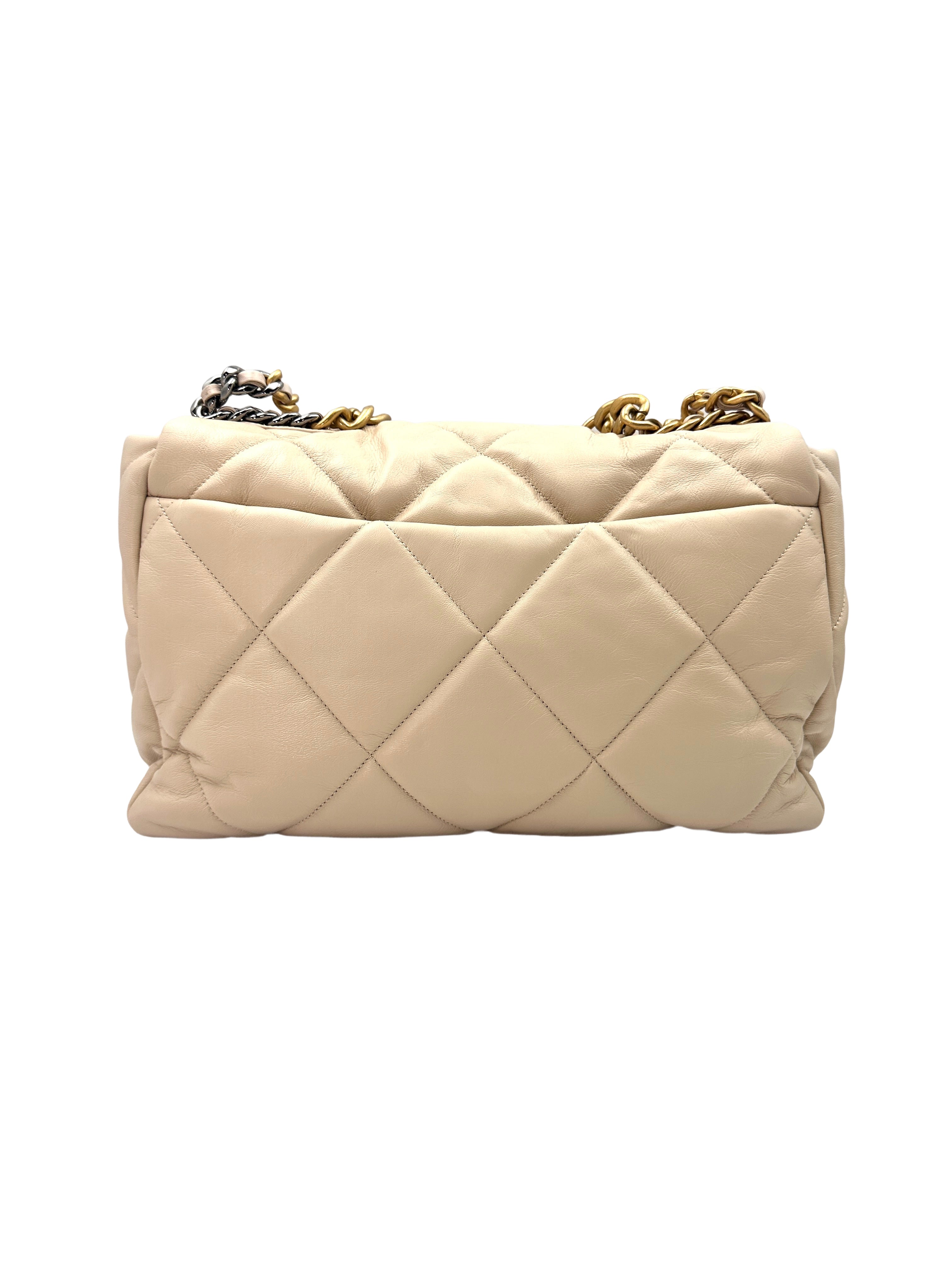 Chanel 19 Beige Quilted Lambskin Large Size Flap Bag With Gold Buckle(30***08) IRIS019