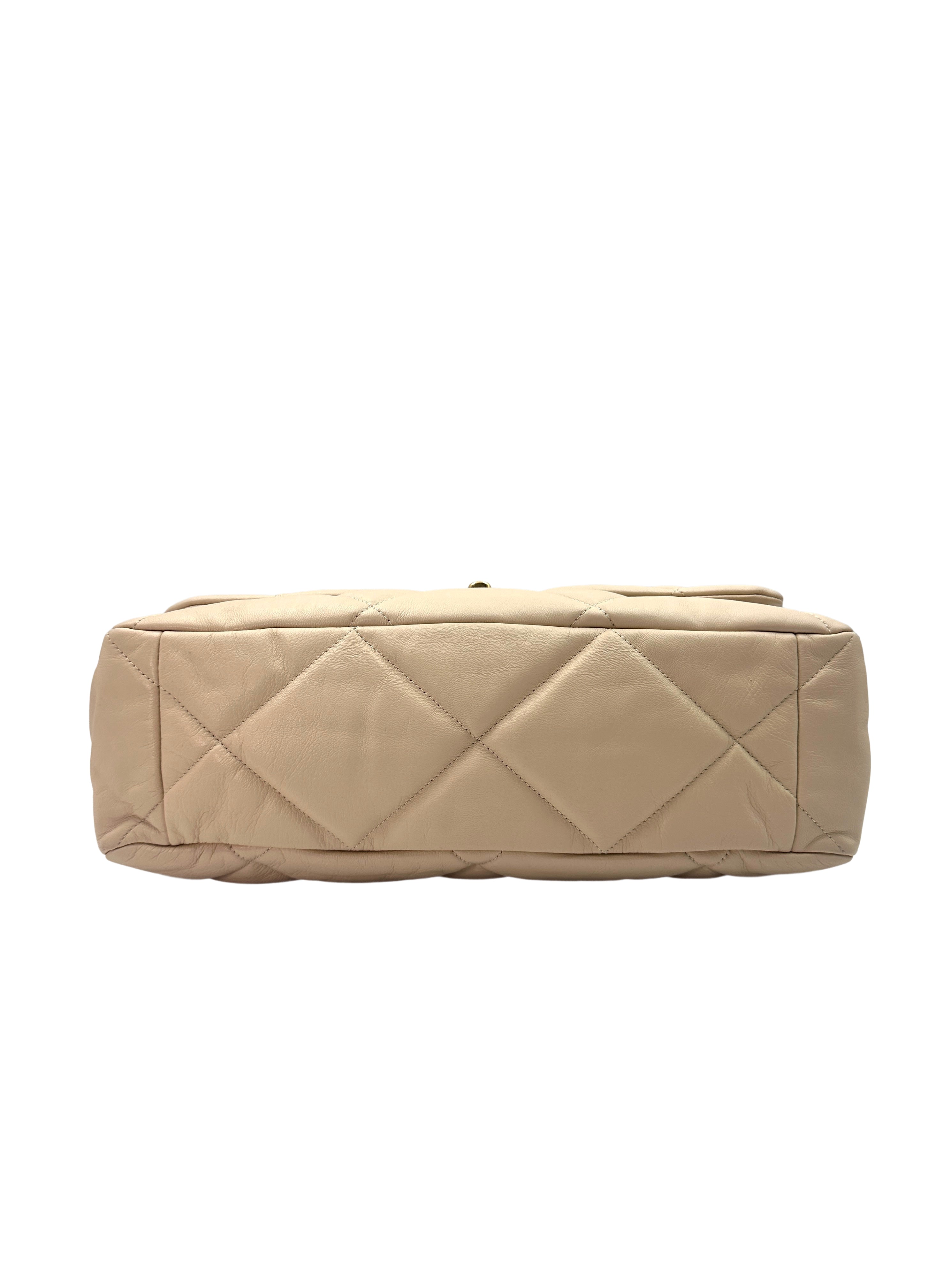 Chanel 19 Beige Quilted Lambskin Large Size Flap Bag With Gold Buckle(30***08) IRIS019