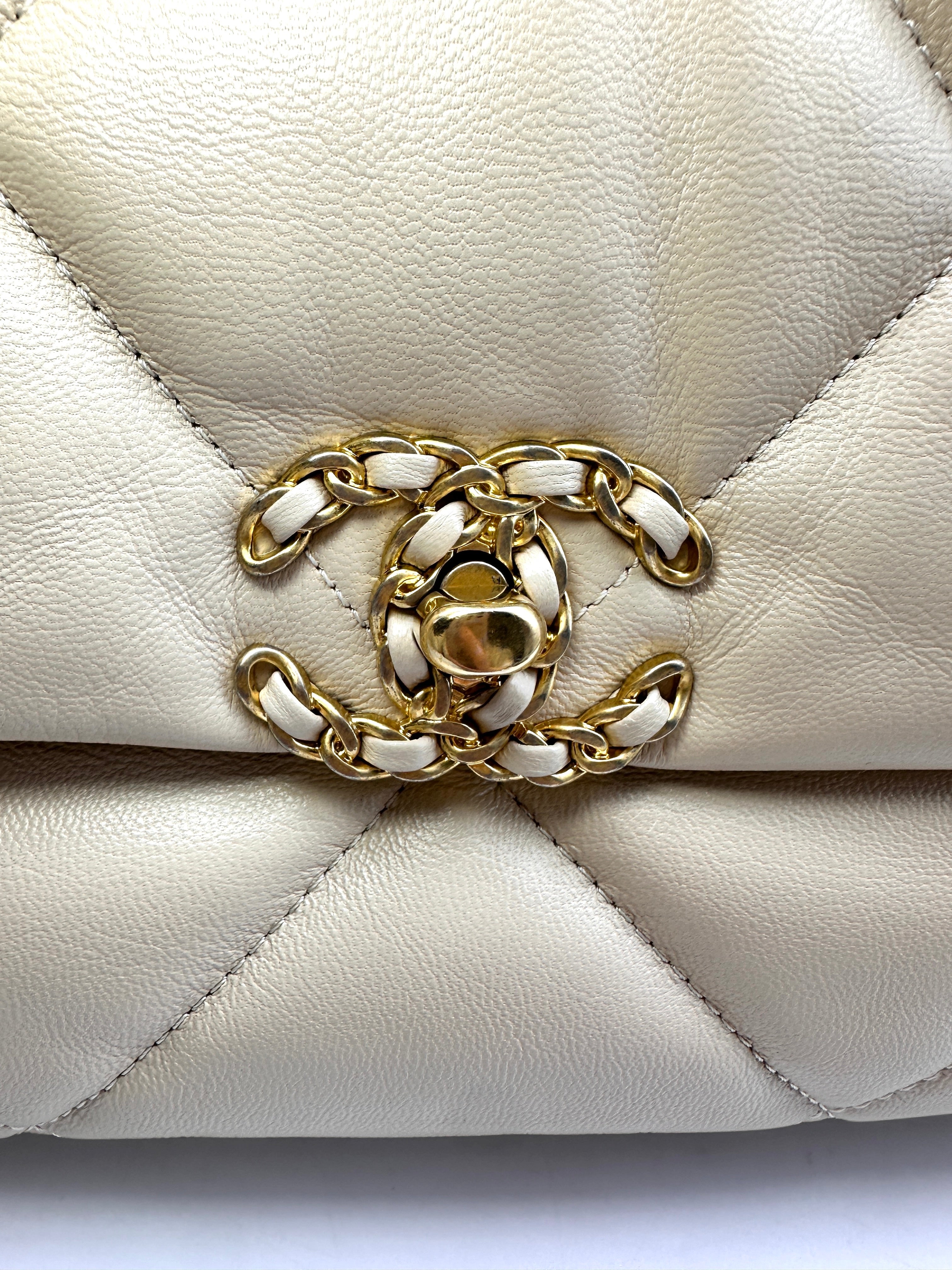 Chanel 19 Beige Quilted Lambskin Large Size Flap Bag With Gold Buckle(30***08) IRIS019
