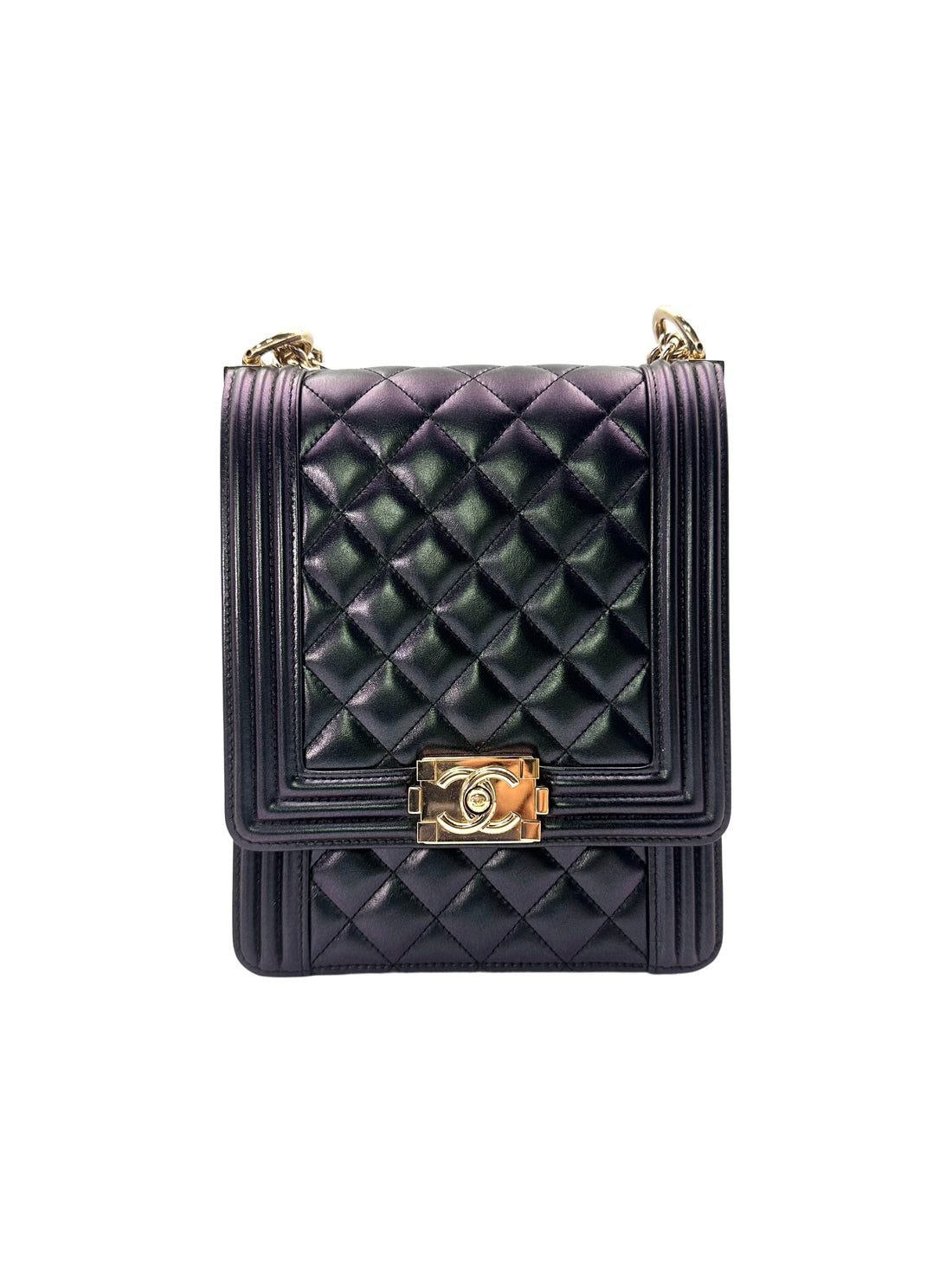 Chanel North South LeBoy Black Quilted Calfskin Shoulder Bag With Gold Buckle(27***18) CC1426