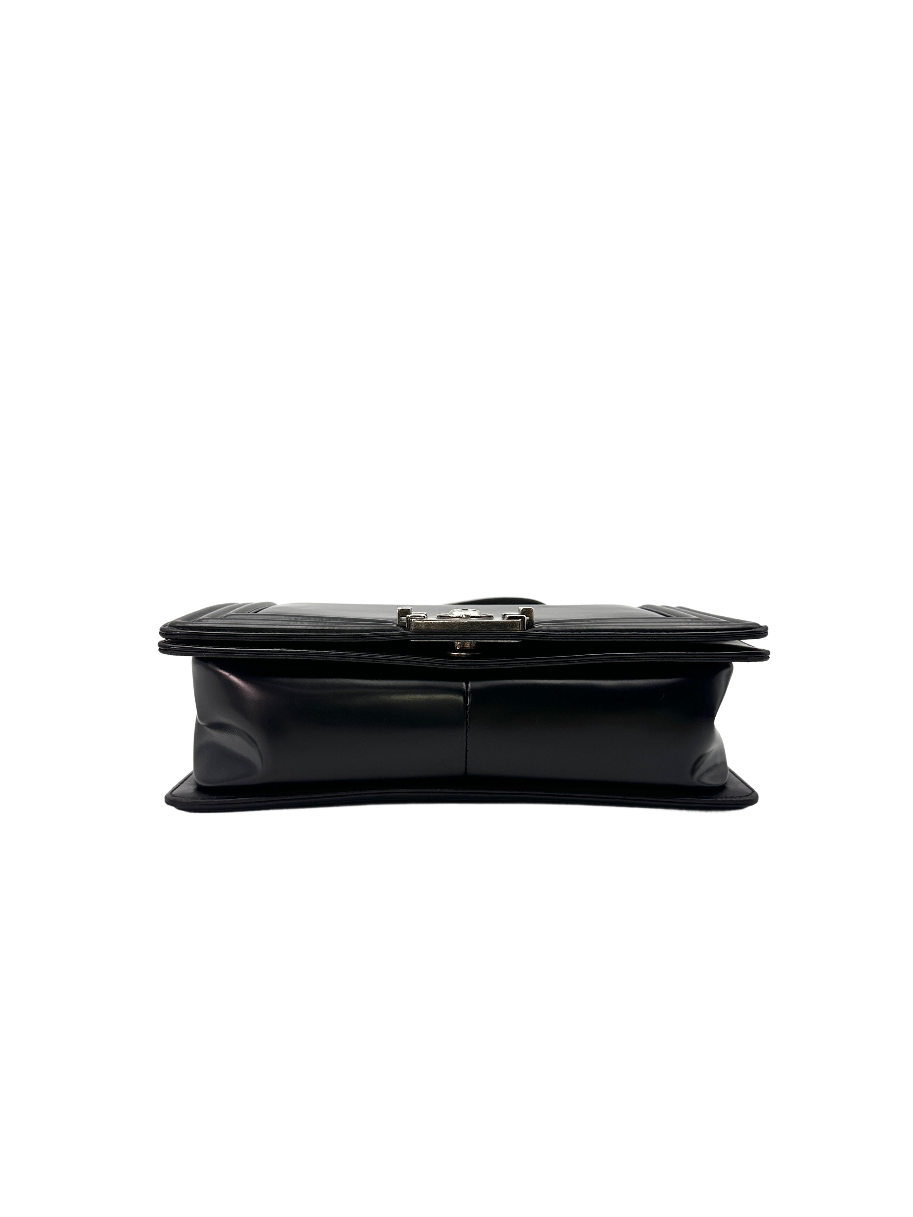 Chanel LeBoy Black Glazed Calfskin Medium Size Flap Bag With Silver Buckle(21***27) CC1432