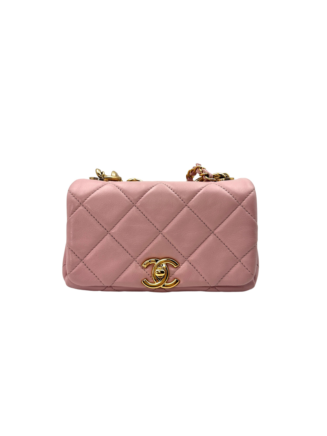 Chanel 22A Metiers d'Art Pink Quilted Leather Flap Bag With Oversized Gold Chain Handle(NA***N7) IRIS026