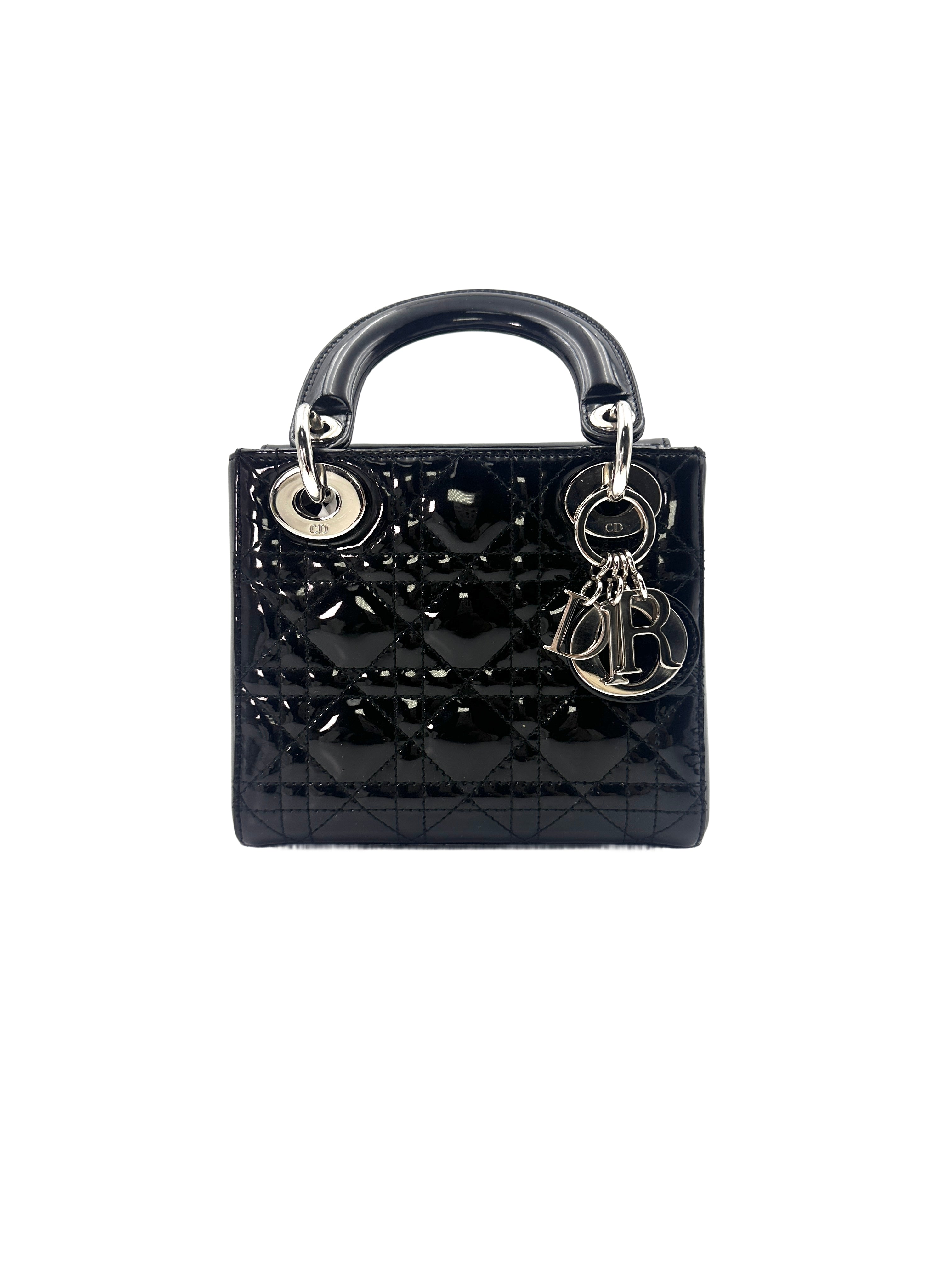 Christian Dior Lady Dior Black Patent Cannage Leather Handle Bag With Silver Charms DR519