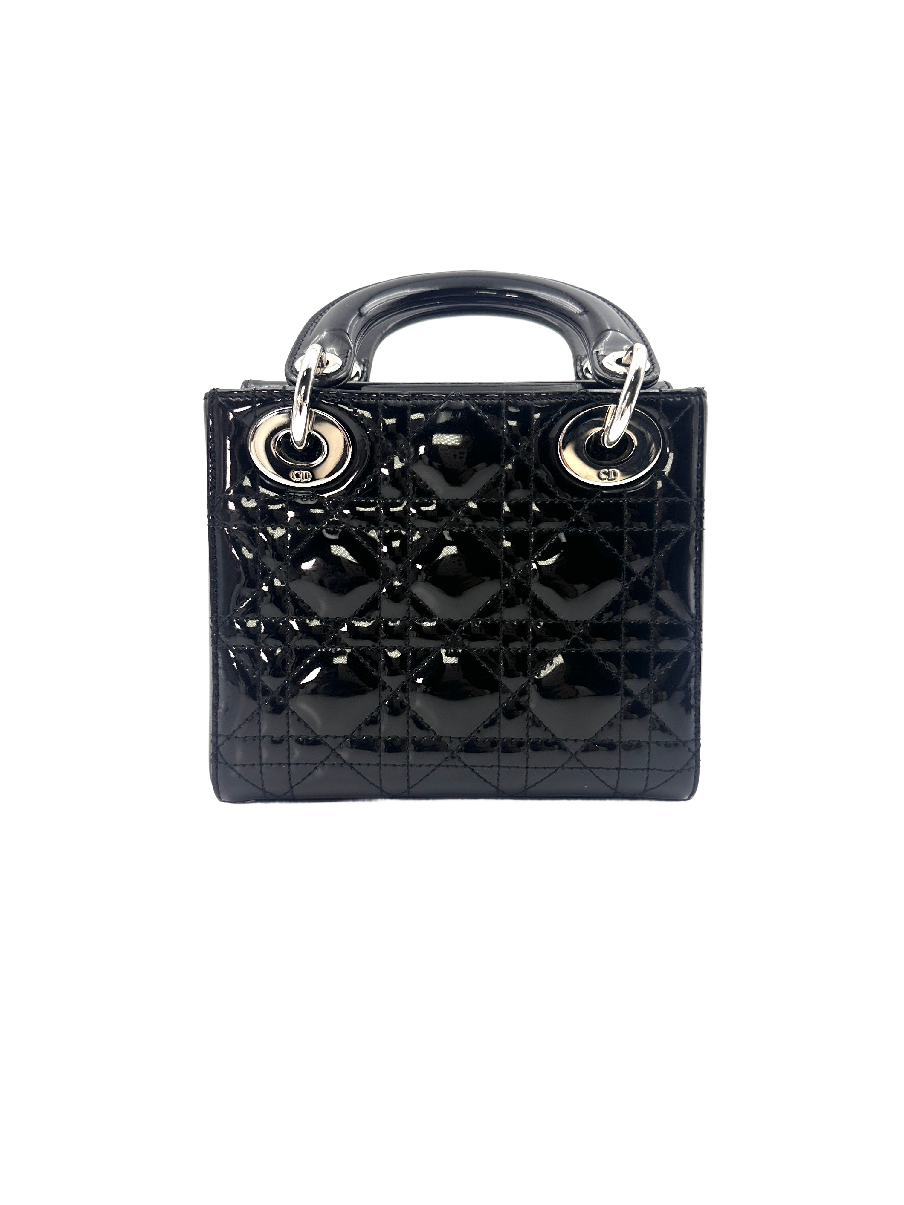 Christian Dior Lady Dior Black Patent Cannage Leather Handle Bag With Silver Charms DR519