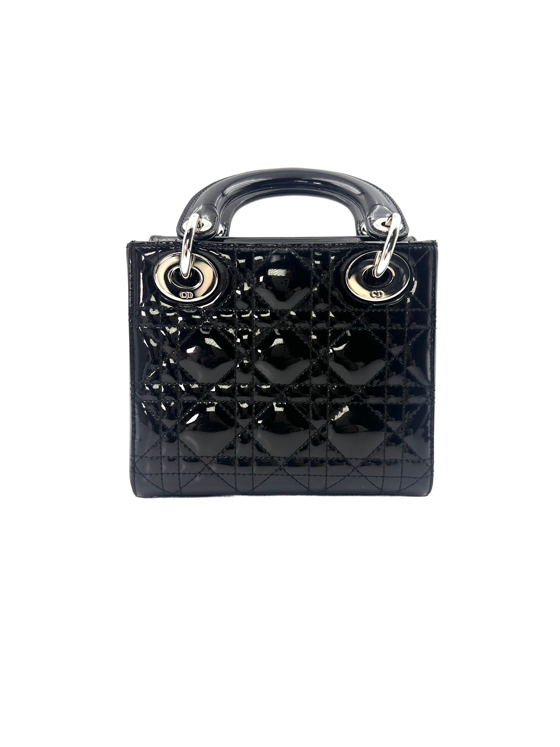 Christian Dior Lady Dior Black Patent Cannage Leather Handle Bag With Silver Charms DR519