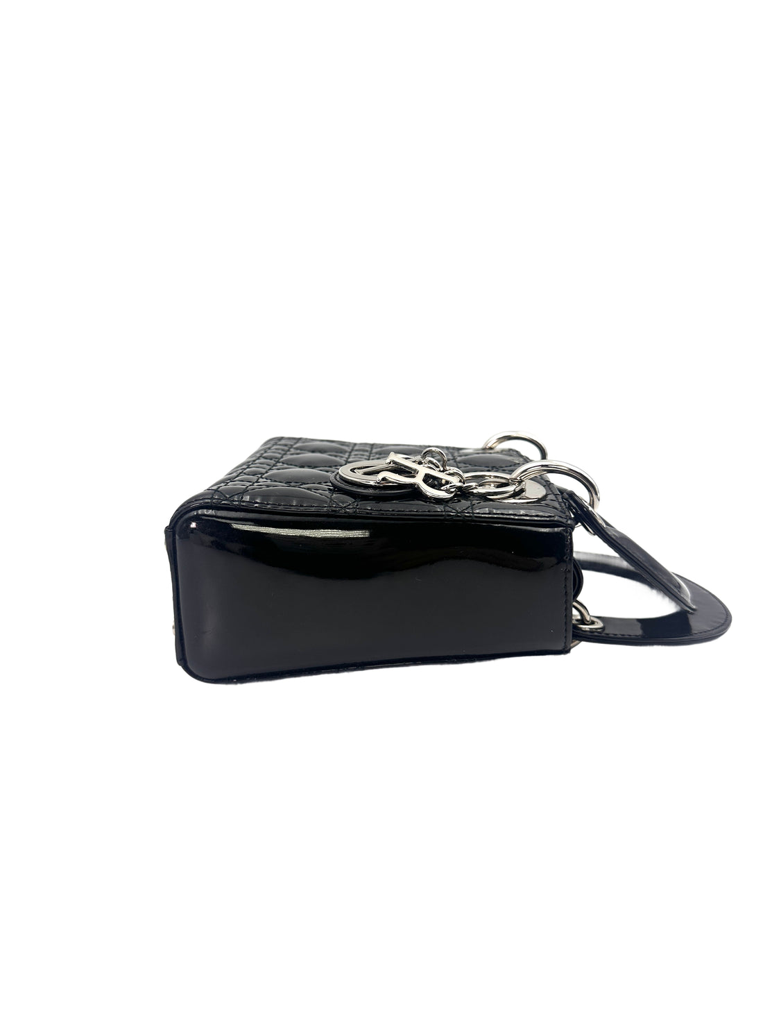Christian Dior Lady Dior Black Patent Cannage Leather Handle Bag With Silver Charms DR519