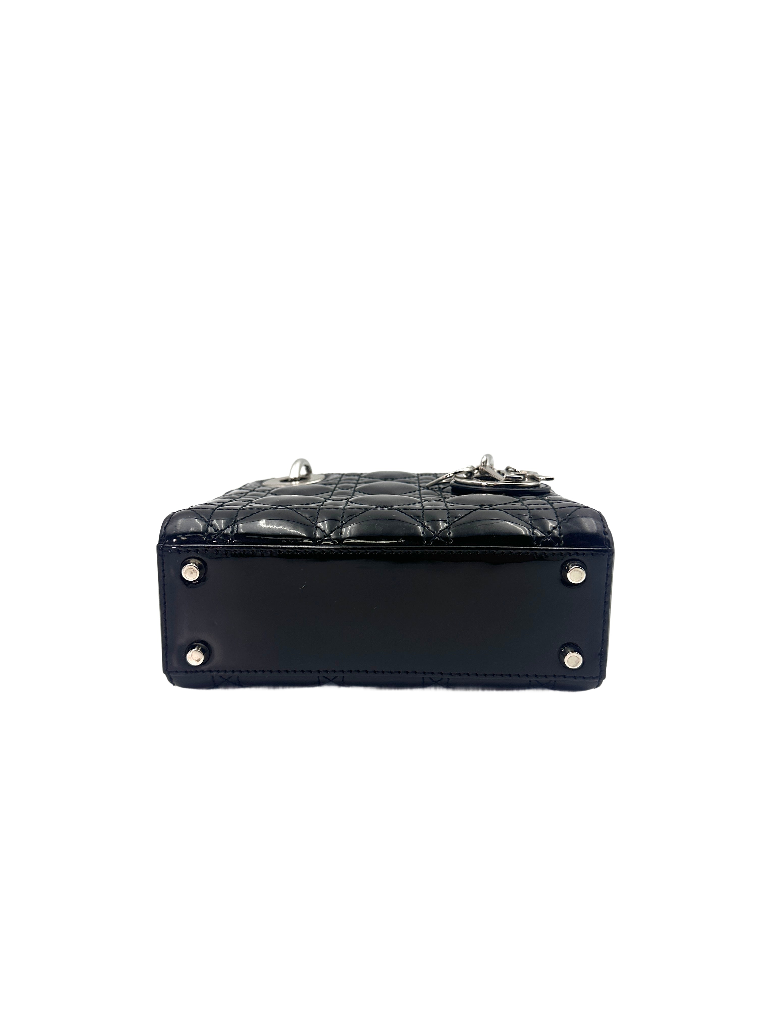 Christian Dior Lady Dior Black Patent Cannage Leather Handle Bag With Silver Charms DR519