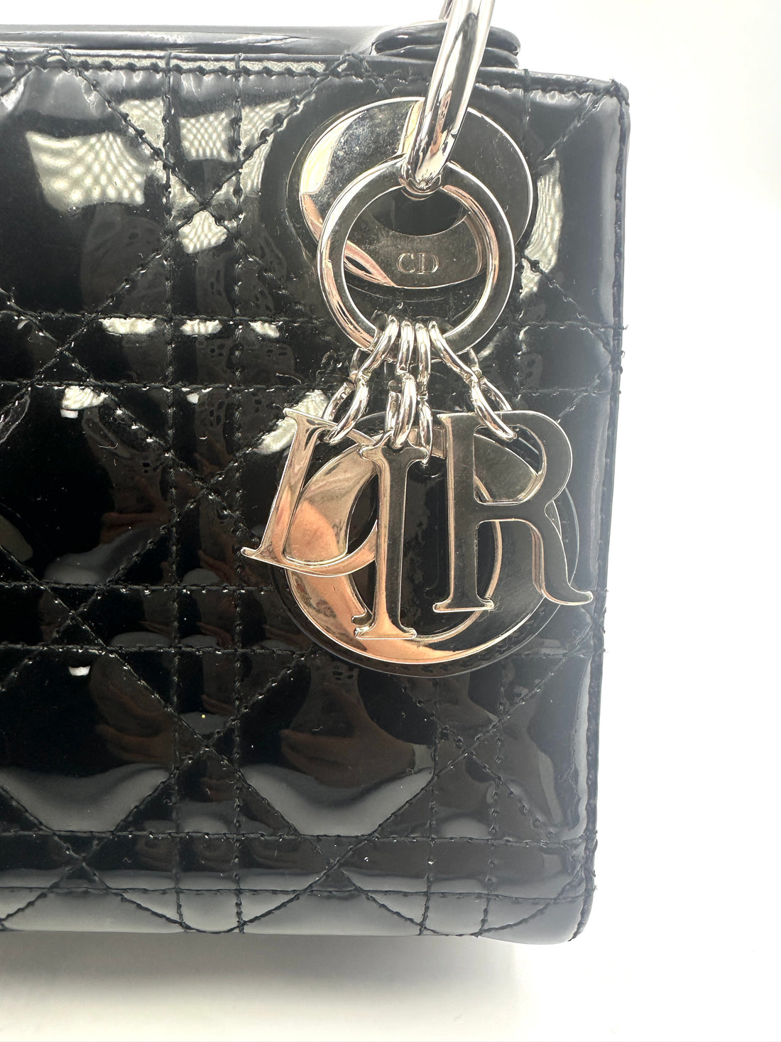 Christian Dior Lady Dior Black Patent Cannage Leather Handle Bag With Silver Charms DR519